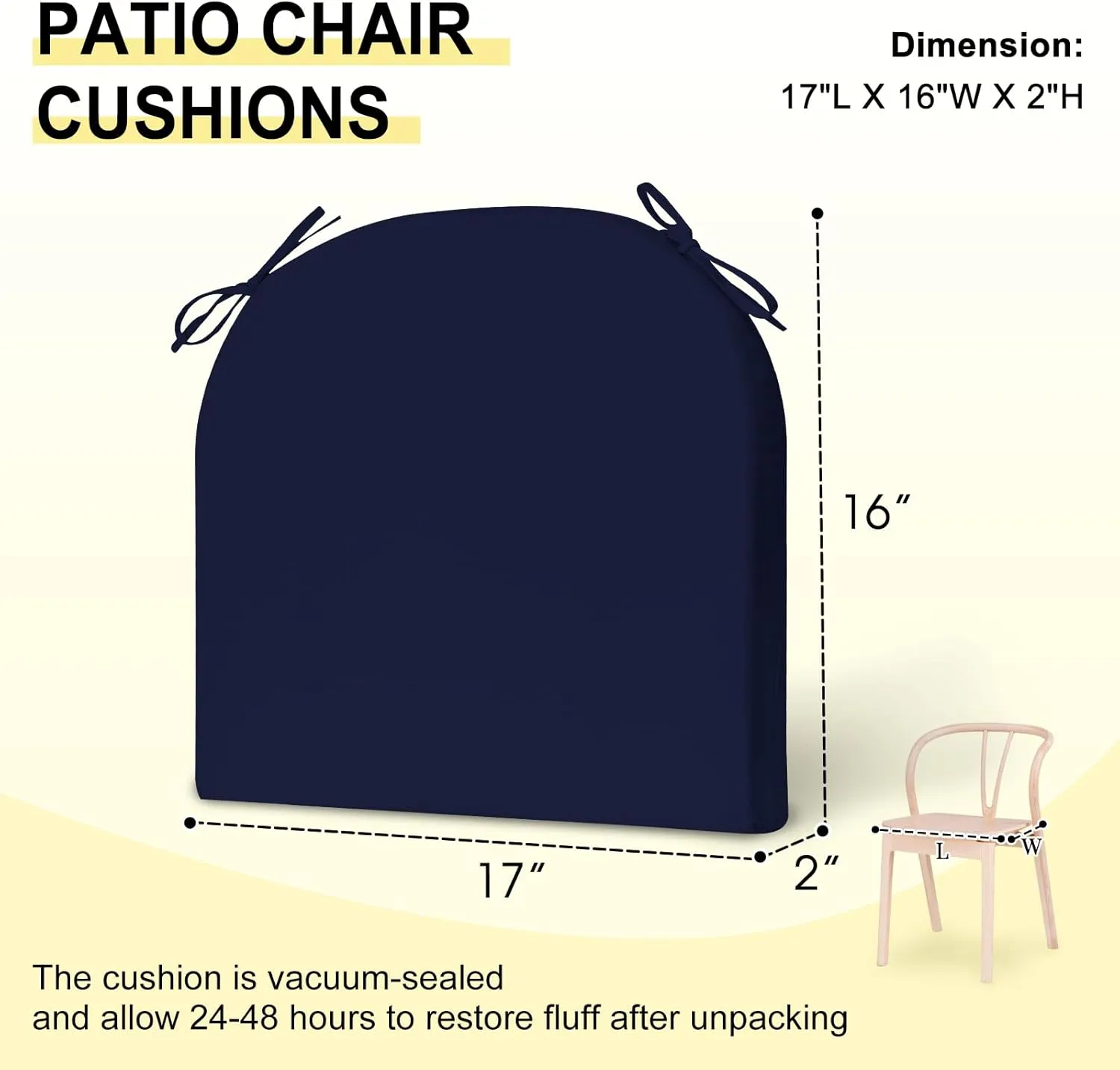 downluxe Outdoor Chair Cushions Set of 4 for Patio Furniture, Water-Resistant Patio Chair Cushions with Ties, High Density Foam Outdoor Seat Cushion, 17" X 16" X 2", Navy