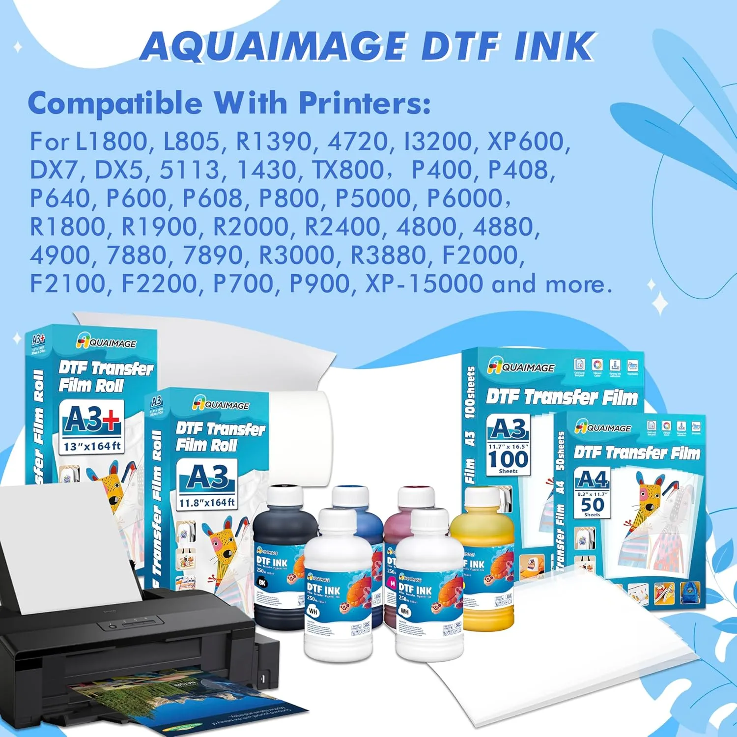 Dtf Ink 1500ml Dtf Printer Ink for ET8550,L1800,XP15000, Bright Colors,DTF Transfer Ink for Pet Film, Refill Ink for P400, P800, P600, DX5, XP600. (250ml x 6, 2Wh BKCMY)