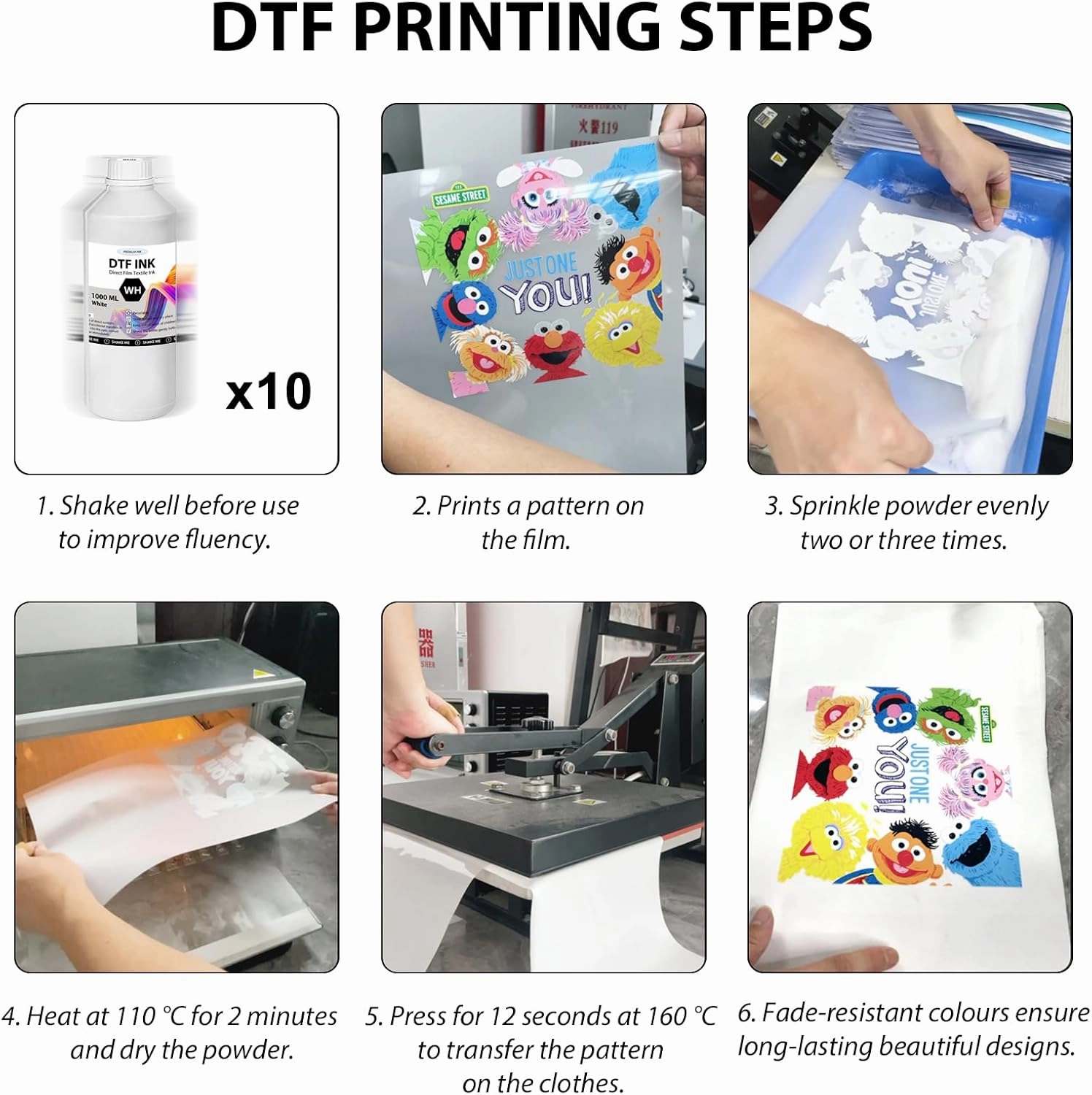 DTF Ink 6000ML DTF Transfer Ink for PET Film, Premium Pigment Ink Refill for P600 P800 DX5 DX7 R1390 XP600 i3200 4720 Printers, High Fluidity & Coverage (1000ML*6, 2W BKCMY)