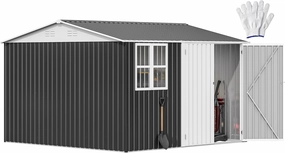 DWVO 10' x 10' Outdoor Storage Shed, Waterproof Metal Garden Shed with Windows, Lockable Doors, and Sloped Roof for Patio, Backyard, Lawn, Tool Storage, Bike Shed, Pet Shelter (Gray   White)