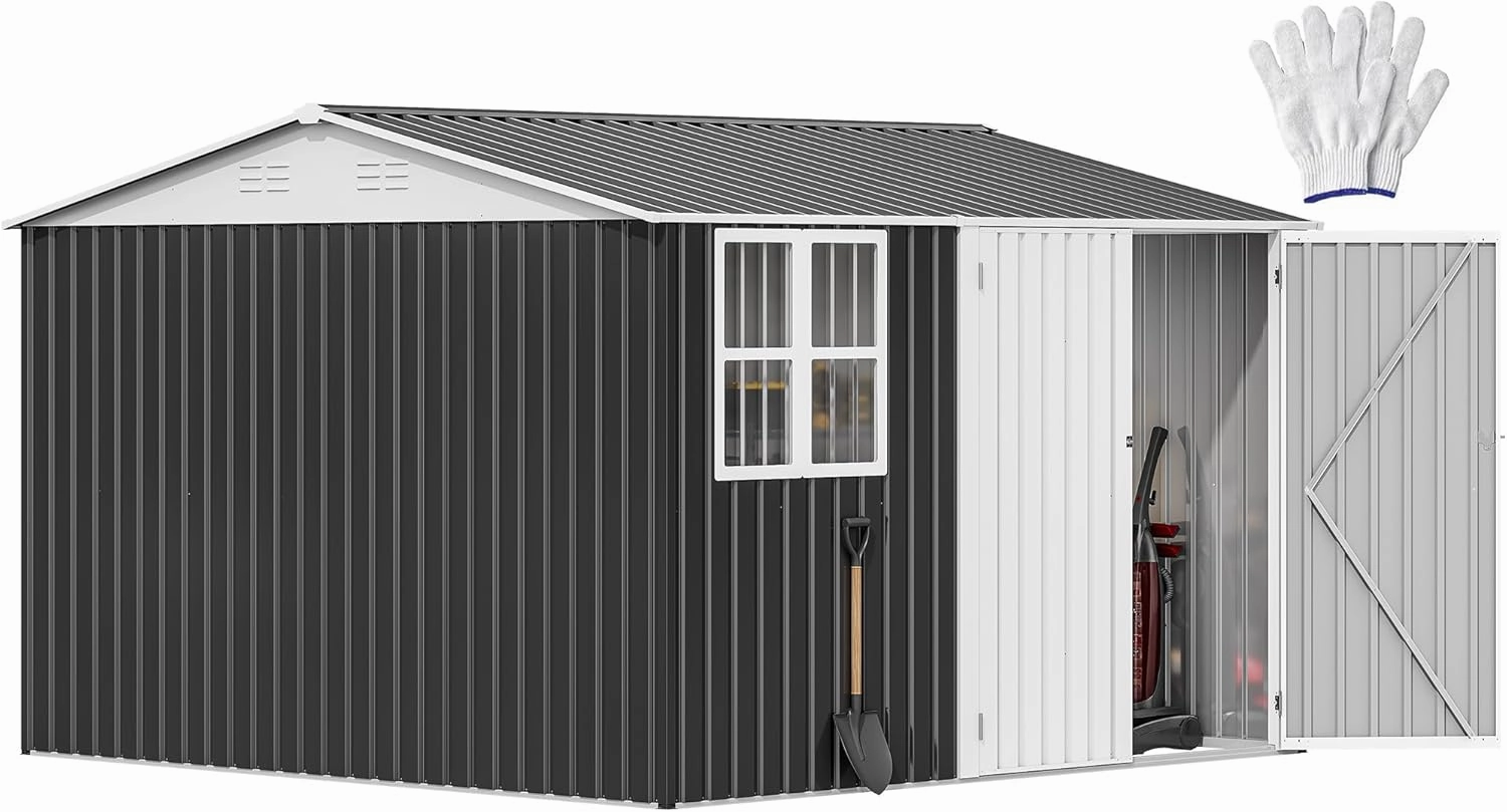 DWVO 10' x 10' Outdoor Storage Shed, Waterproof Metal Garden Shed with Windows, Lockable Doors, and Sloped Roof for Patio, Backyard, Lawn, Tool Storage, Bike Shed, Pet Shelter (Gray   White)