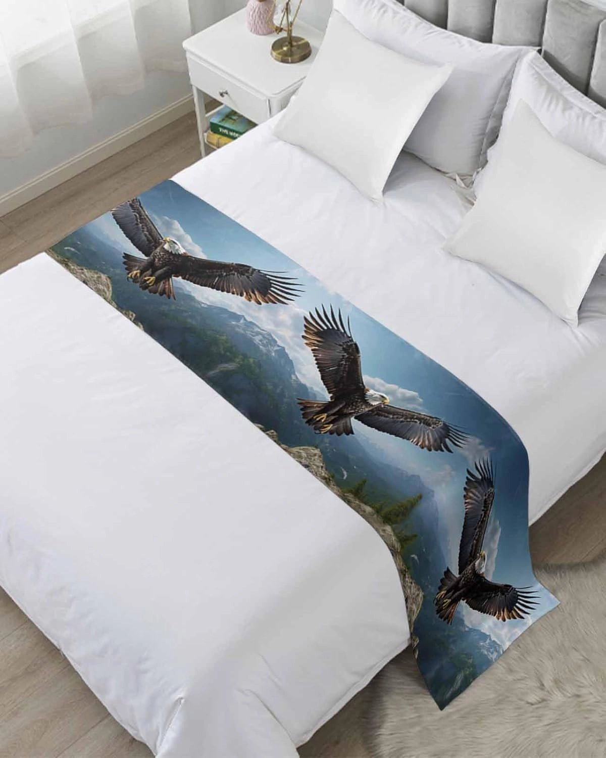 Eagle Bed Runner for King Size Bed, Forest Mountains Range Sky Animal Natural Landscape Bedspread Protector Slipcover Bed Scarf for Foot Bed Runners & Scarves for Bedroom Hotel 102x20 Inches