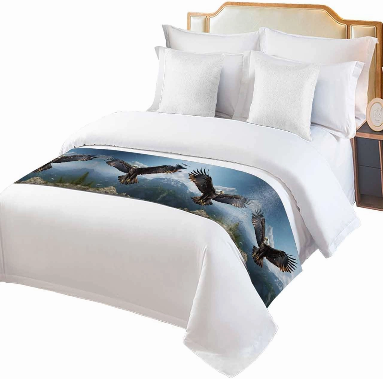 Eagle Bed Runner for King Size Bed, Forest Mountains Range Sky Animal Natural Landscape Bedspread Protector Slipcover Bed Scarf for Foot Bed Runners & Scarves for Bedroom Hotel 102x20 Inches