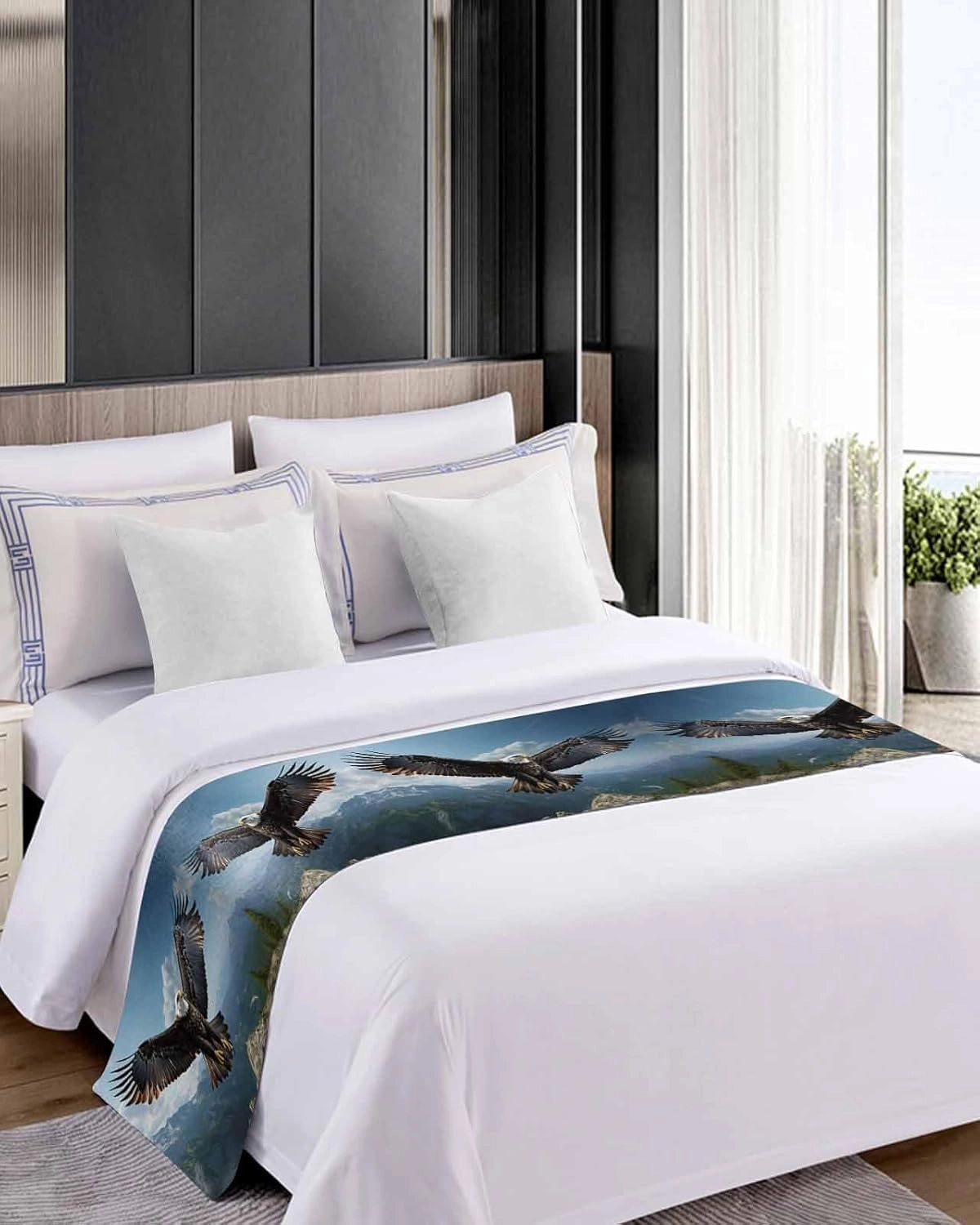 Eagle Bed Runner for King Size Bed, Forest Mountains Range Sky Animal Natural Landscape Bedspread Protector Slipcover Bed Scarf for Foot Bed Runners & Scarves for Bedroom Hotel 102x20 Inches
