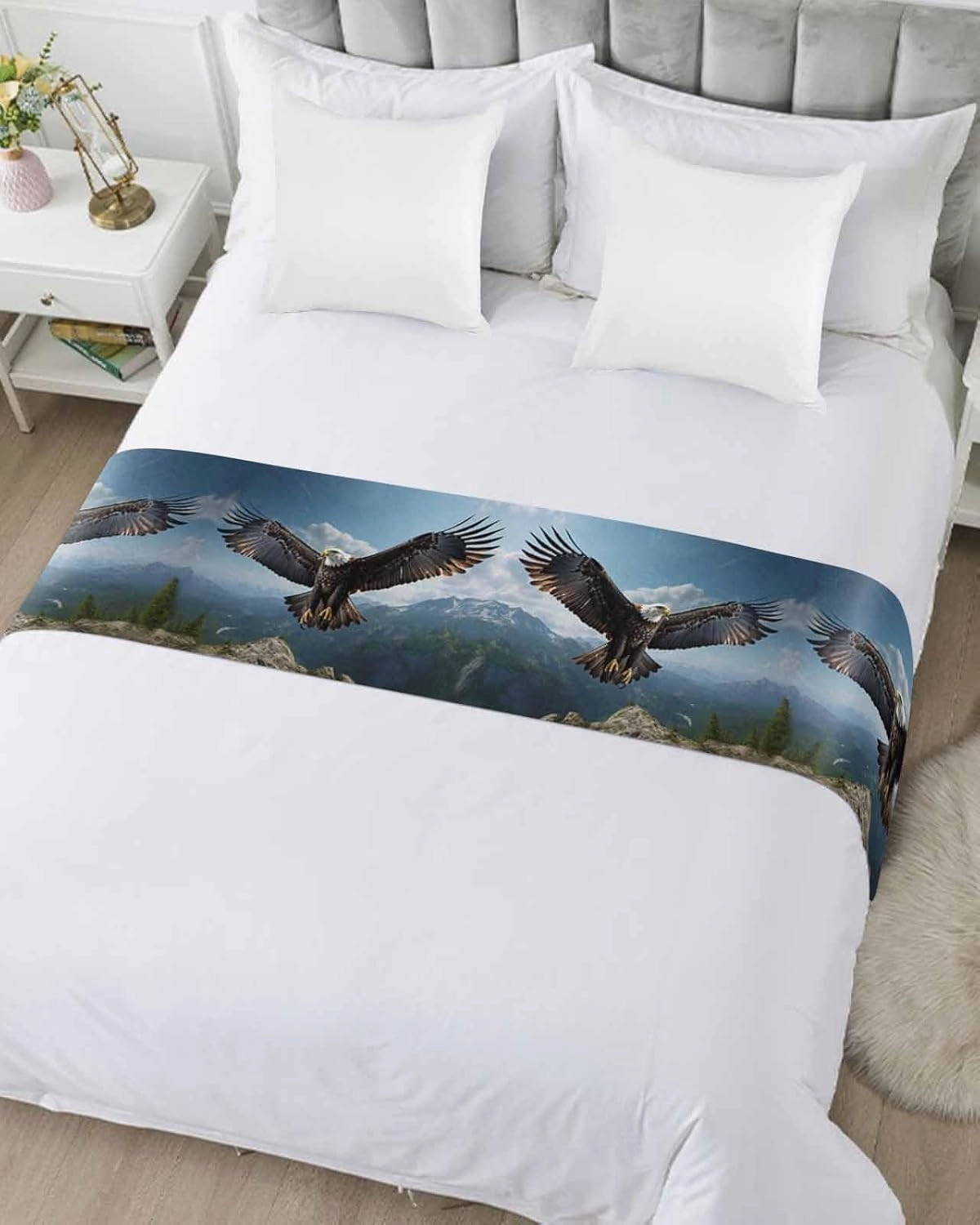 Eagle Bed Runner for King Size Bed, Forest Mountains Range Sky Animal Natural Landscape Bedspread Protector Slipcover Bed Scarf for Foot Bed Runners & Scarves for Bedroom Hotel 102x20 Inches