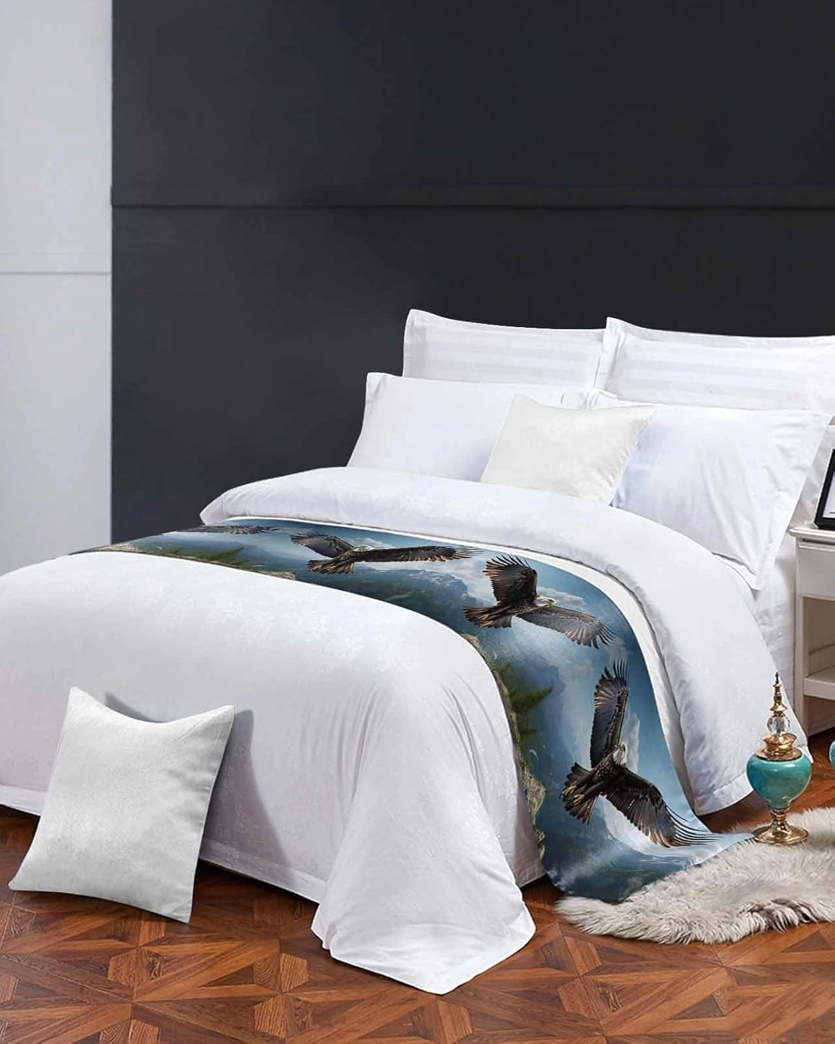 Eagle Bed Runner for King Size Bed, Forest Mountains Range Sky Animal Natural Landscape Bedspread Protector Slipcover Bed Scarf for Foot Bed Runners & Scarves for Bedroom Hotel 102x20 Inches