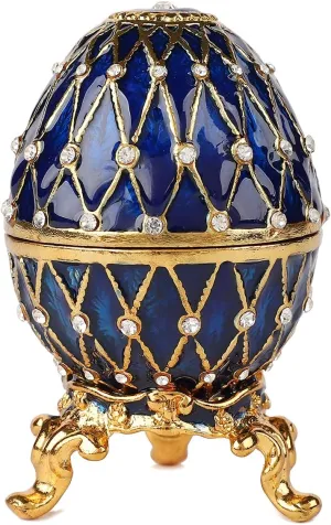 Easter Egg Jewelry Trinket Box with Hinged Classic Hand-Painted Enamel Ornaments Vintage Craft Gift for Home Decor(Blue)
