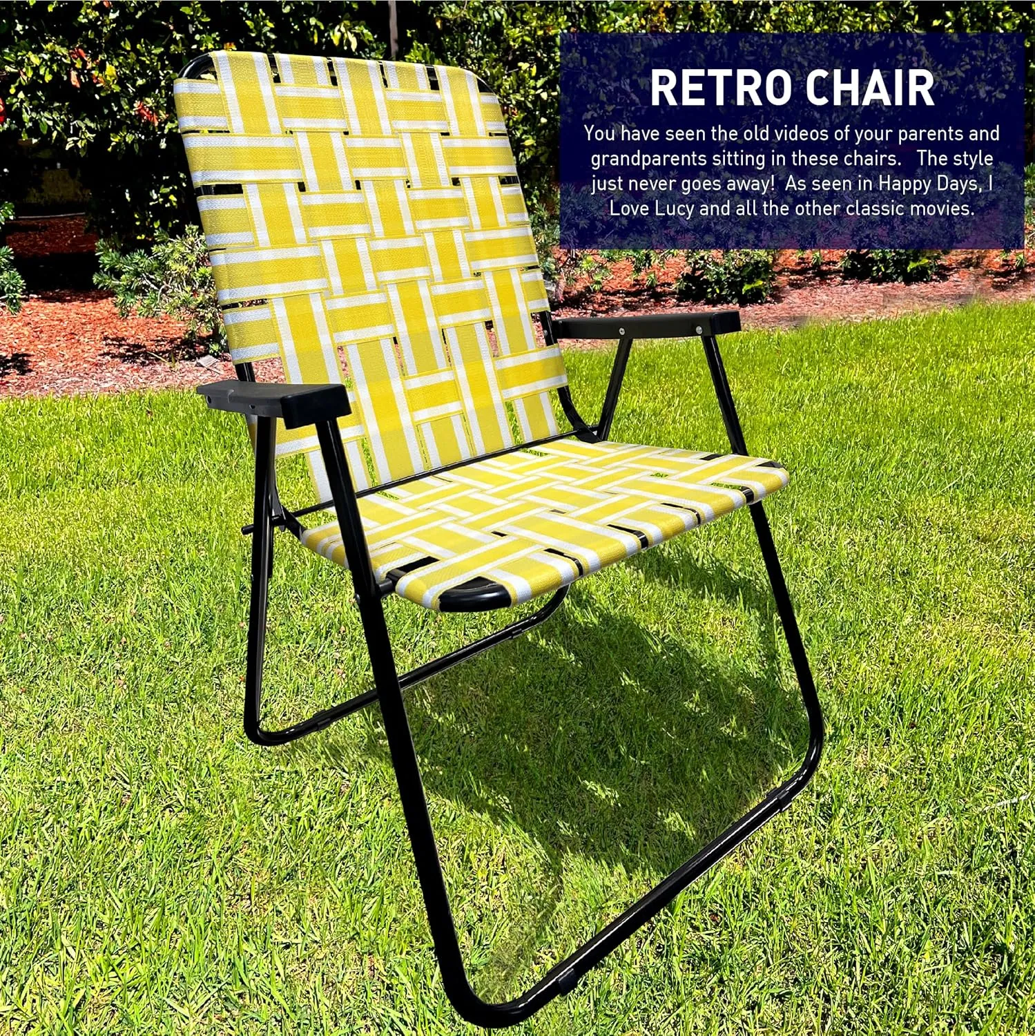 EasyGo Product Lawn Chair Folding Steel Webbing Chaise Patio Lounger Seat Wood Handles for Camping, Beach, Fishing, Backyard, Stadium, Pool, Boating, and Sports, 2 Pack Yellow Stripes