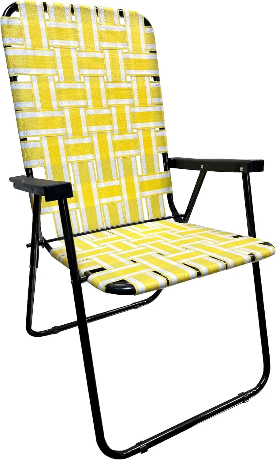 EasyGo Product Lawn Chair Folding Steel Webbing Chaise Patio Lounger Seat Wood Handles for Camping, Beach, Fishing, Backyard, Stadium, Pool, Boating, and Sports, 2 Pack Yellow Stripes