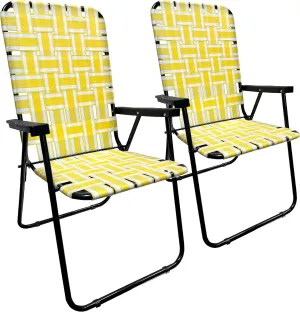EasyGo Product Lawn Chair Folding Steel Webbing Chaise Patio Lounger Seat Wood Handles for Camping, Beach, Fishing, Backyard, Stadium, Pool, Boating, and Sports, 2 Pack Yellow Stripes