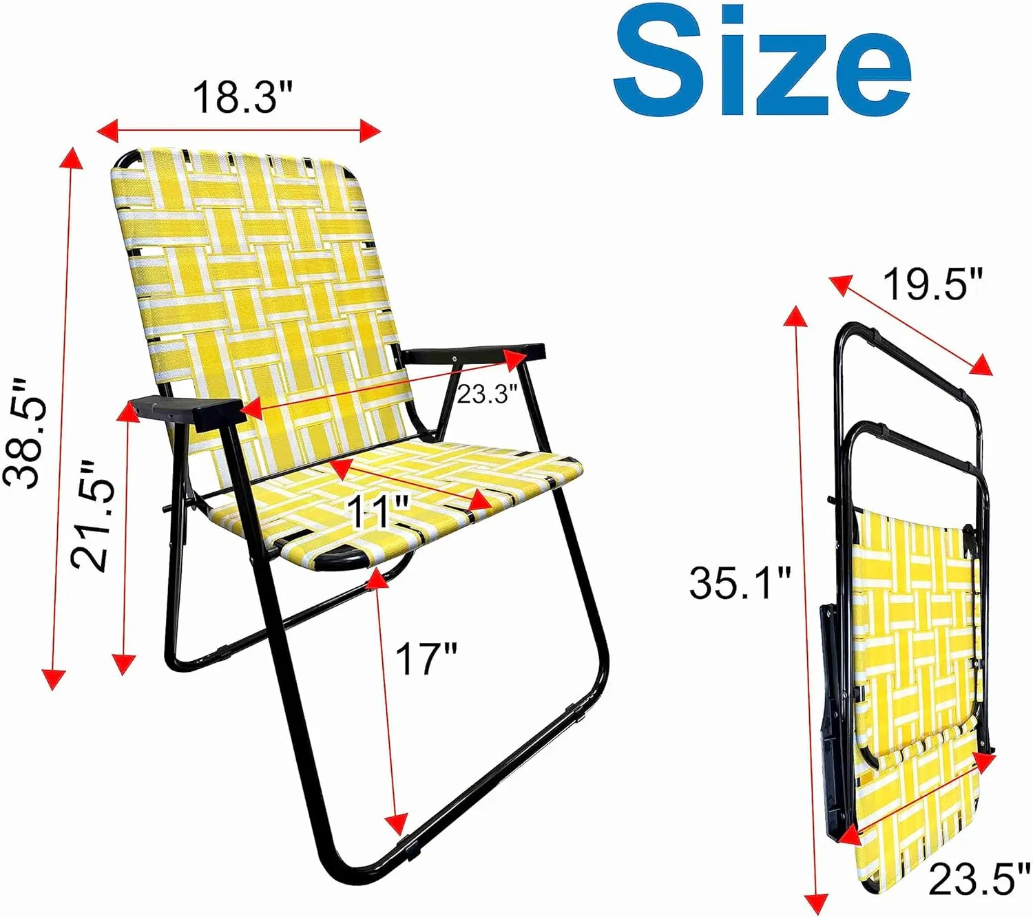 EasyGo Product Lawn Chair Folding Steel Webbing Chaise Patio Lounger Seat Wood Handles for Camping, Beach, Fishing, Backyard, Stadium, Pool, Boating, and Sports, 2 Pack Yellow Stripes