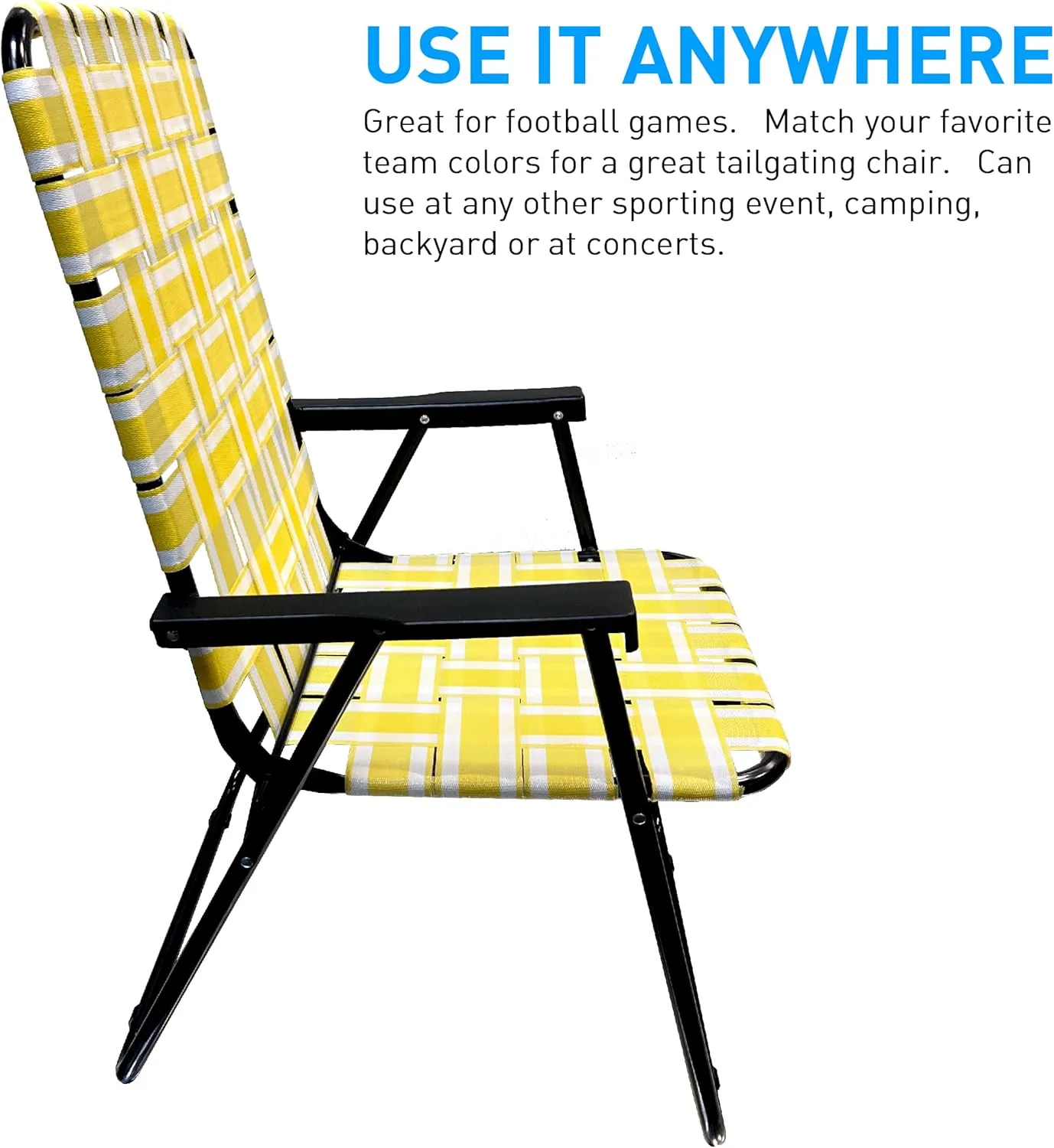 EasyGo Product Lawn Chair Folding Steel Webbing Chaise Patio Lounger Seat Wood Handles for Camping, Beach, Fishing, Backyard, Stadium, Pool, Boating, and Sports, 2 Pack Yellow Stripes