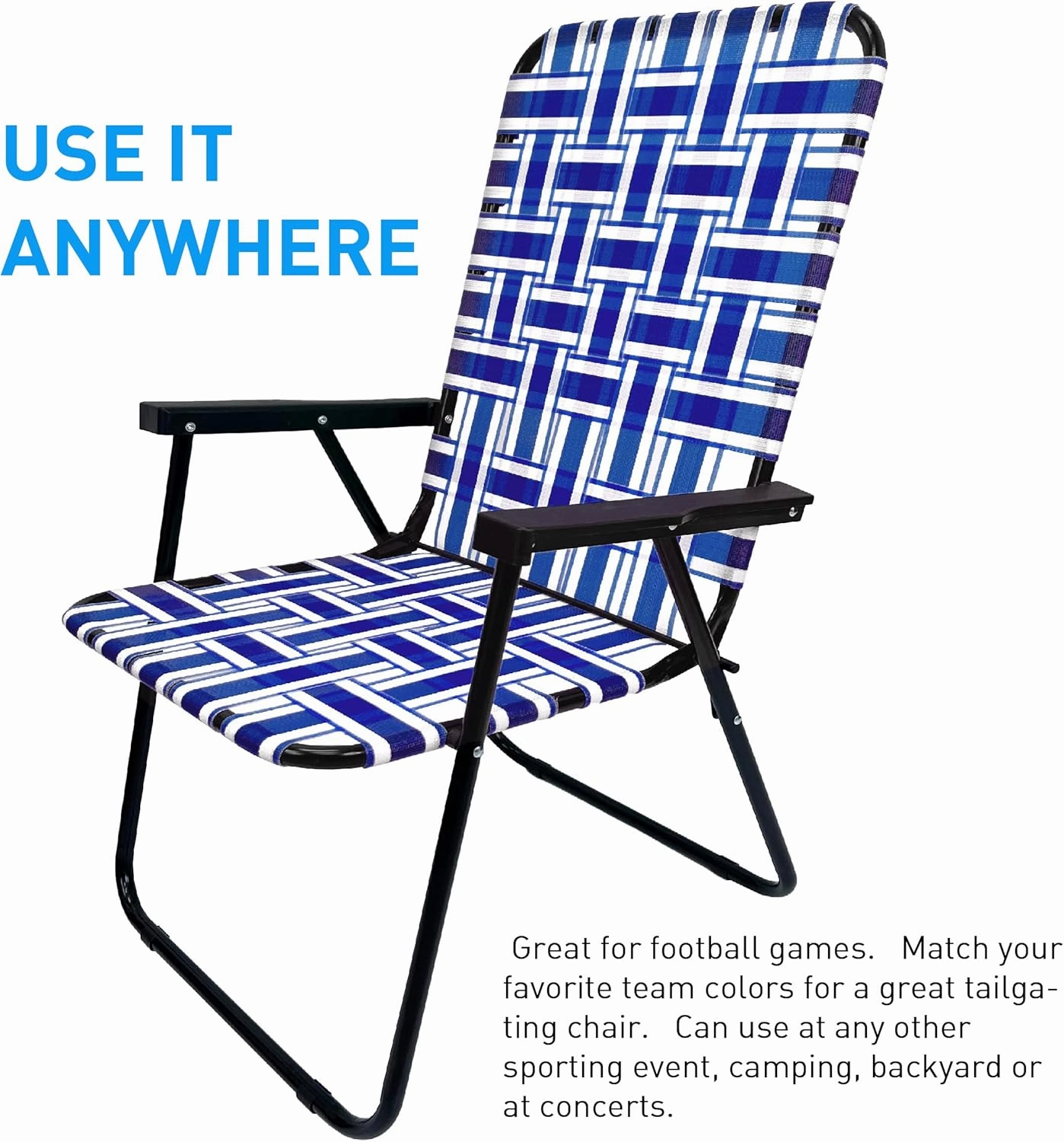 EasyGo Product Lawn Chair Folding Steel Webbing Chaise Patio Lounger Seat Wood Handles for Camping, Beach, Fishing, Backyard, Stadium, Pool, Boating, and Sports, 1 Pack, Blue