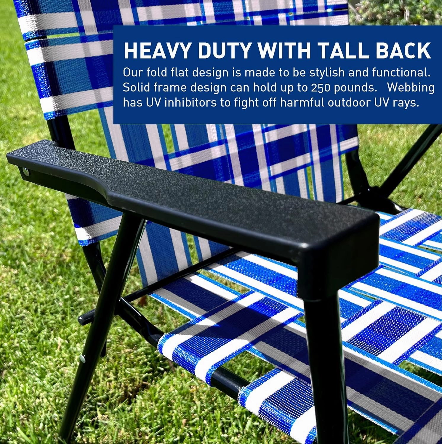 EasyGo Product Lawn Chair Folding Steel Webbing Chaise Patio Lounger Seat Wood Handles for Camping, Beach, Fishing, Backyard, Stadium, Pool, Boating, and Sports, 1 Pack, Blue