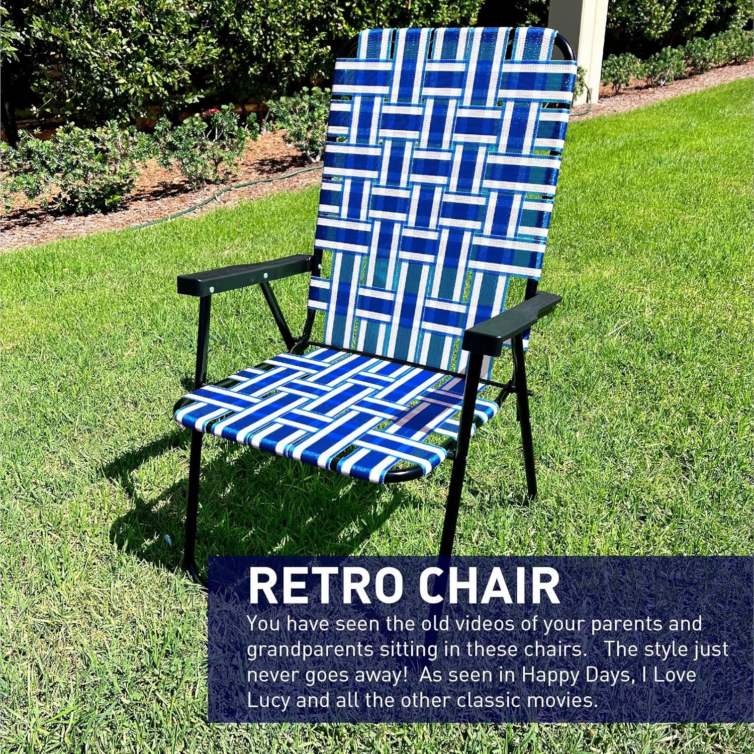 EasyGo Product Lawn Chair Folding Steel Webbing Chaise Patio Lounger Seat Wood Handles for Camping, Beach, Fishing, Backyard, Stadium, Pool, Boating, and Sports, 1 Pack, Blue