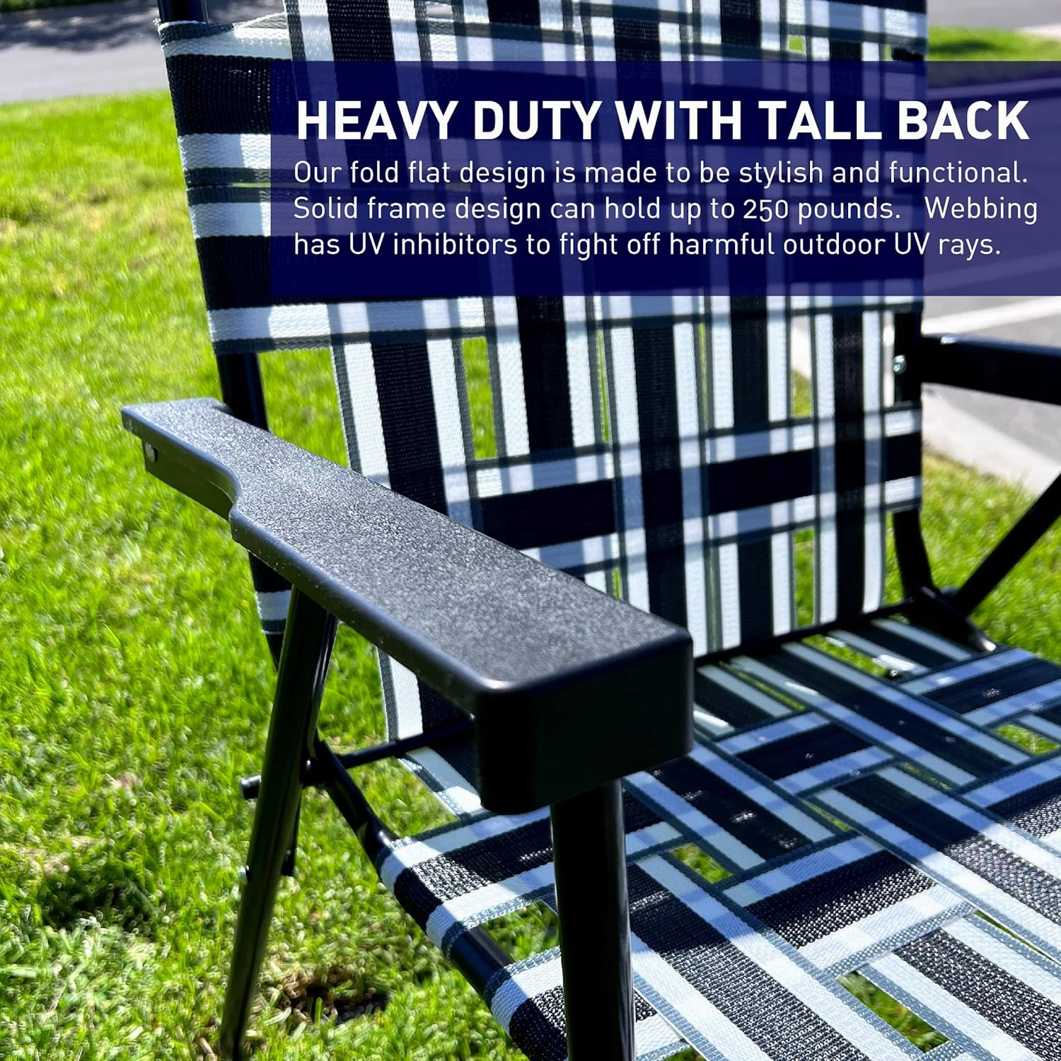 EasyGo Product Lawn Chair Folding Steel Webbing Chaise Patio Lounger Seat Wood Handles for Camping, Beach, Fishing, Backyard, Stadium, Pool, Boating, and Sports, 2 Pack, 2 PackBlack/Grey