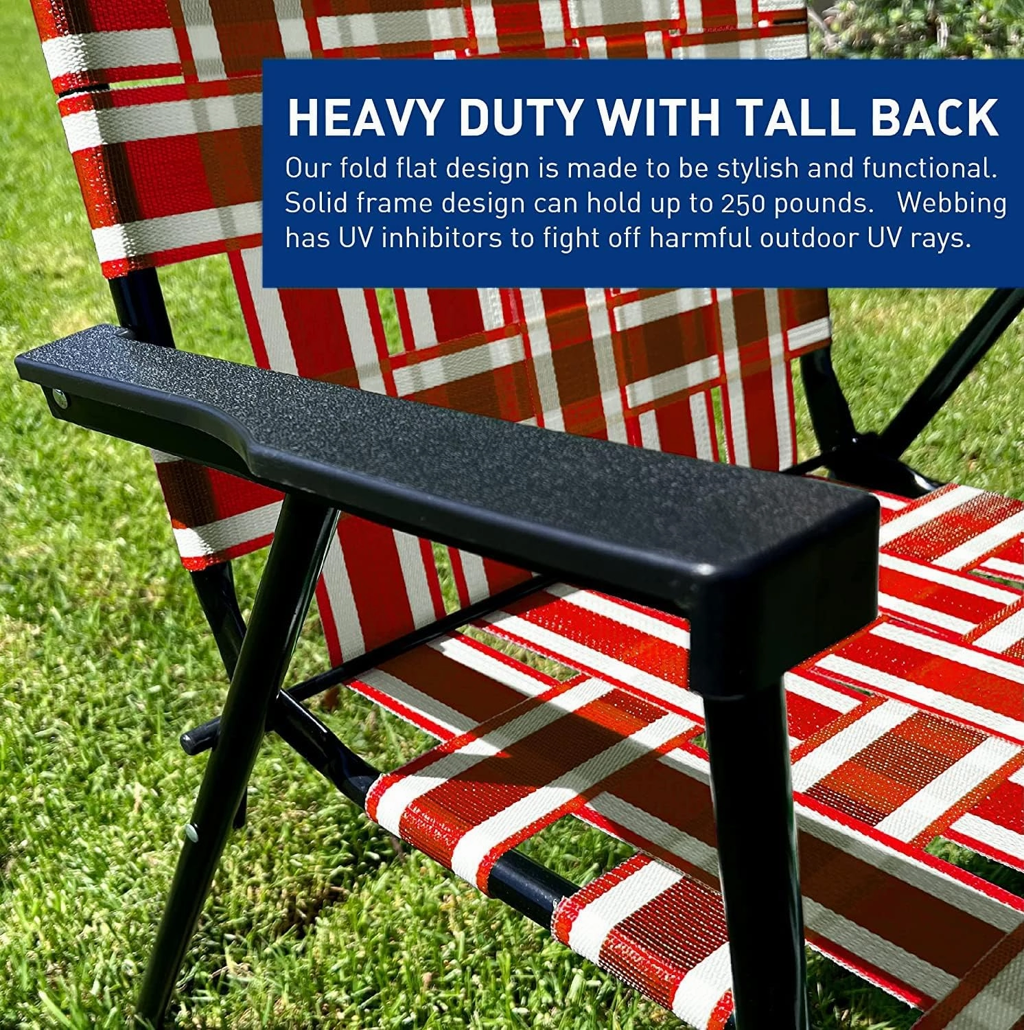 EasyGo Product Lawn Chair Folding Steel Webbing Chaise Patio Lounger Seat Wood Handles for Camping, Beach, Fishing, Backyard, Stadium, Pool, Boating, and Sports, 4 Pack, Red