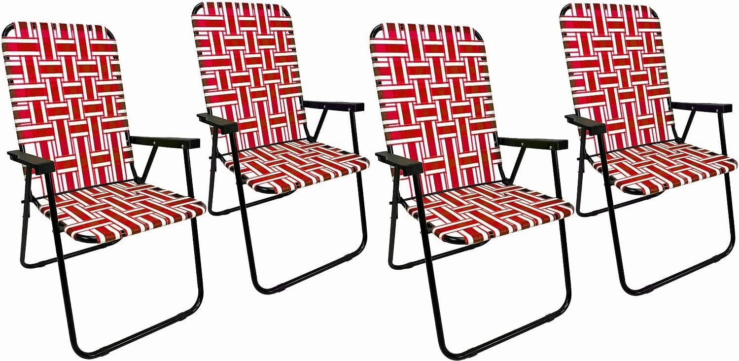 EasyGo Product Lawn Chair Folding Steel Webbing Chaise Patio Lounger Seat Wood Handles for Camping, Beach, Fishing, Backyard, Stadium, Pool, Boating, and Sports, 4 Pack, Red