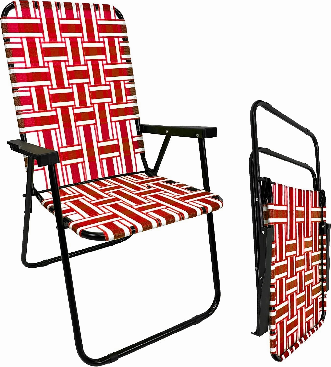 EasyGo Product Lawn Chair Folding Steel Webbing Chaise Patio Lounger Seat Wood Handles for Camping, Beach, Fishing, Backyard, Stadium, Pool, Boating, and Sports, 4 Pack, Red