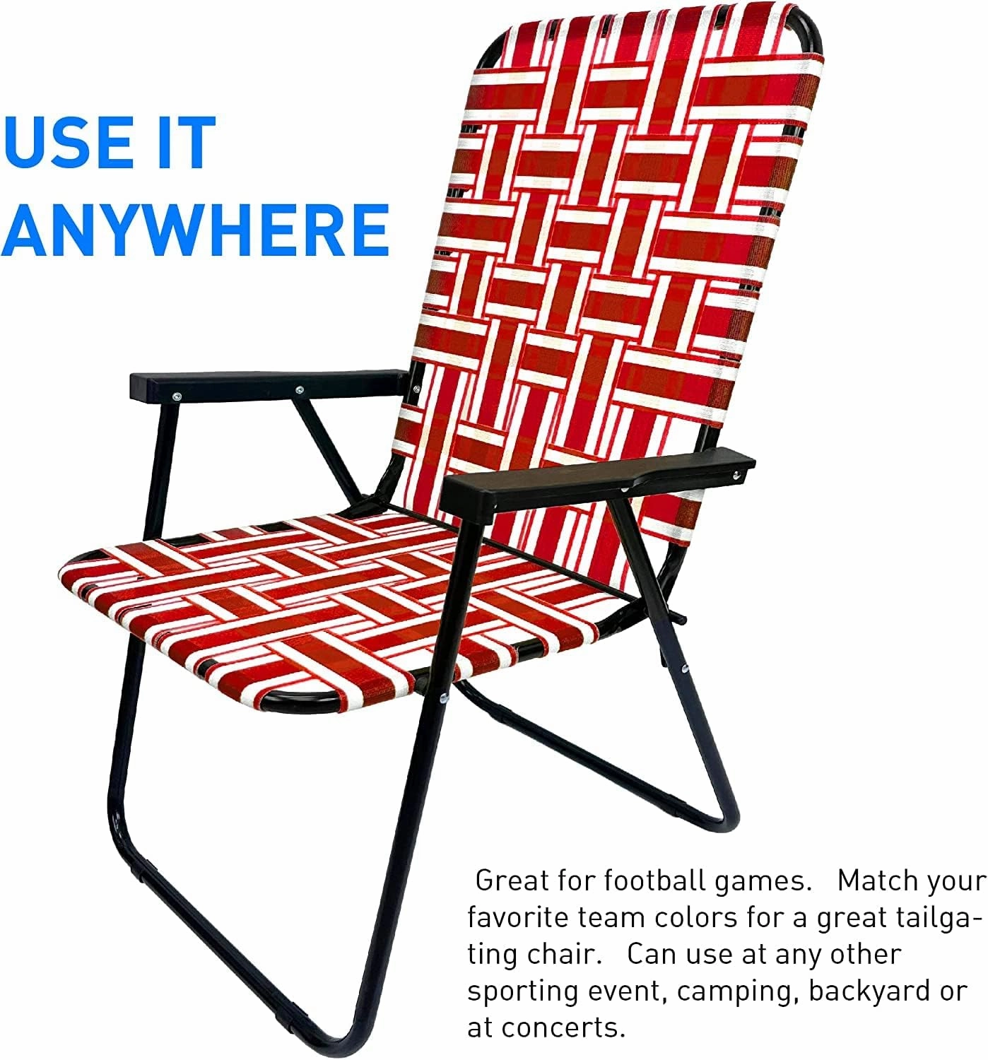 EasyGo Product Lawn Chair Folding Steel Webbing Chaise Patio Lounger Seat Wood Handles for Camping, Beach, Fishing, Backyard, Stadium, Pool, Boating, and Sports, 4 Pack, Red