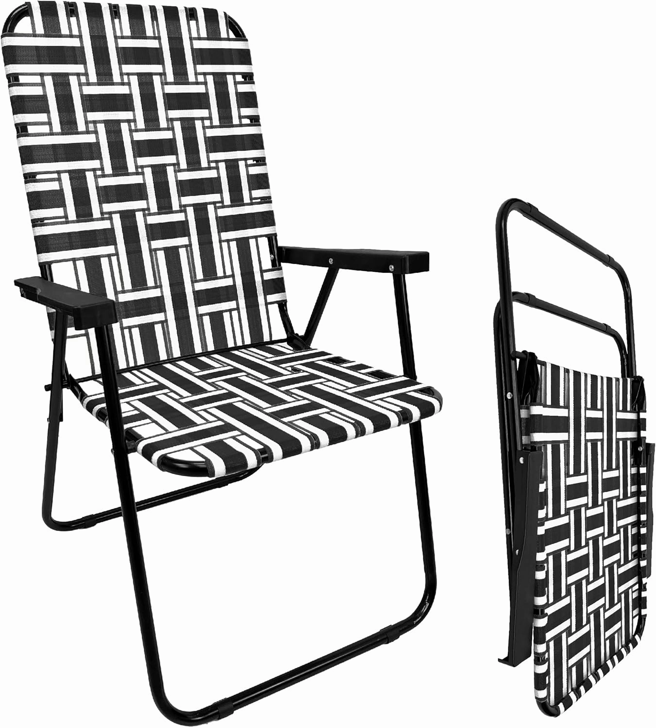 EasyGo Product Lawn Chair Folding Steel Webbing Chaise Patio Lounger Seat Wood Handles Great for Camping, Beach, Fishing, Backyard, Stadium, Pool, Boating, and Sports 1 Pack Black