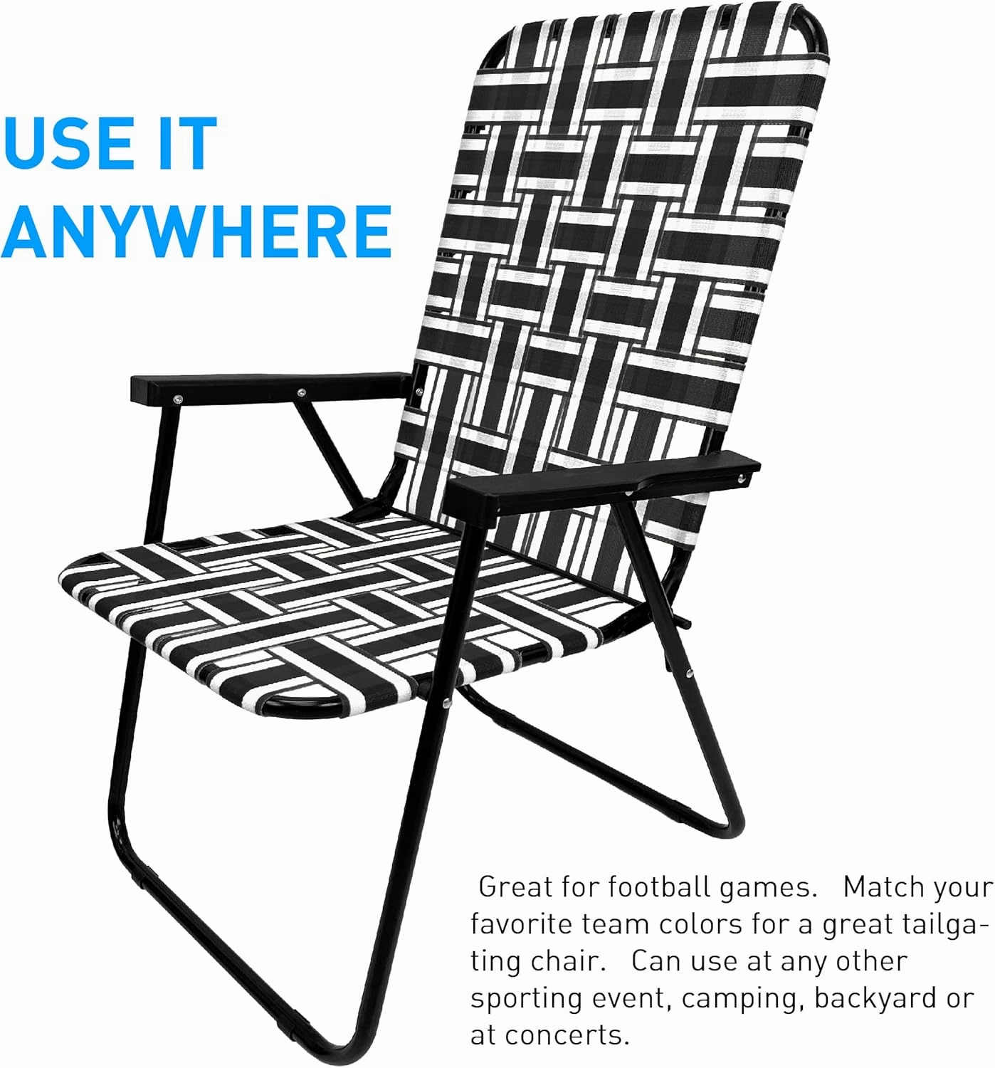EasyGo Product Lawn Chair Folding Steel Webbing Chaise Patio Lounger Seat Wood Handles Great for Camping, Beach, Fishing, Backyard, Stadium, Pool, Boating, and Sports 1 Pack Black