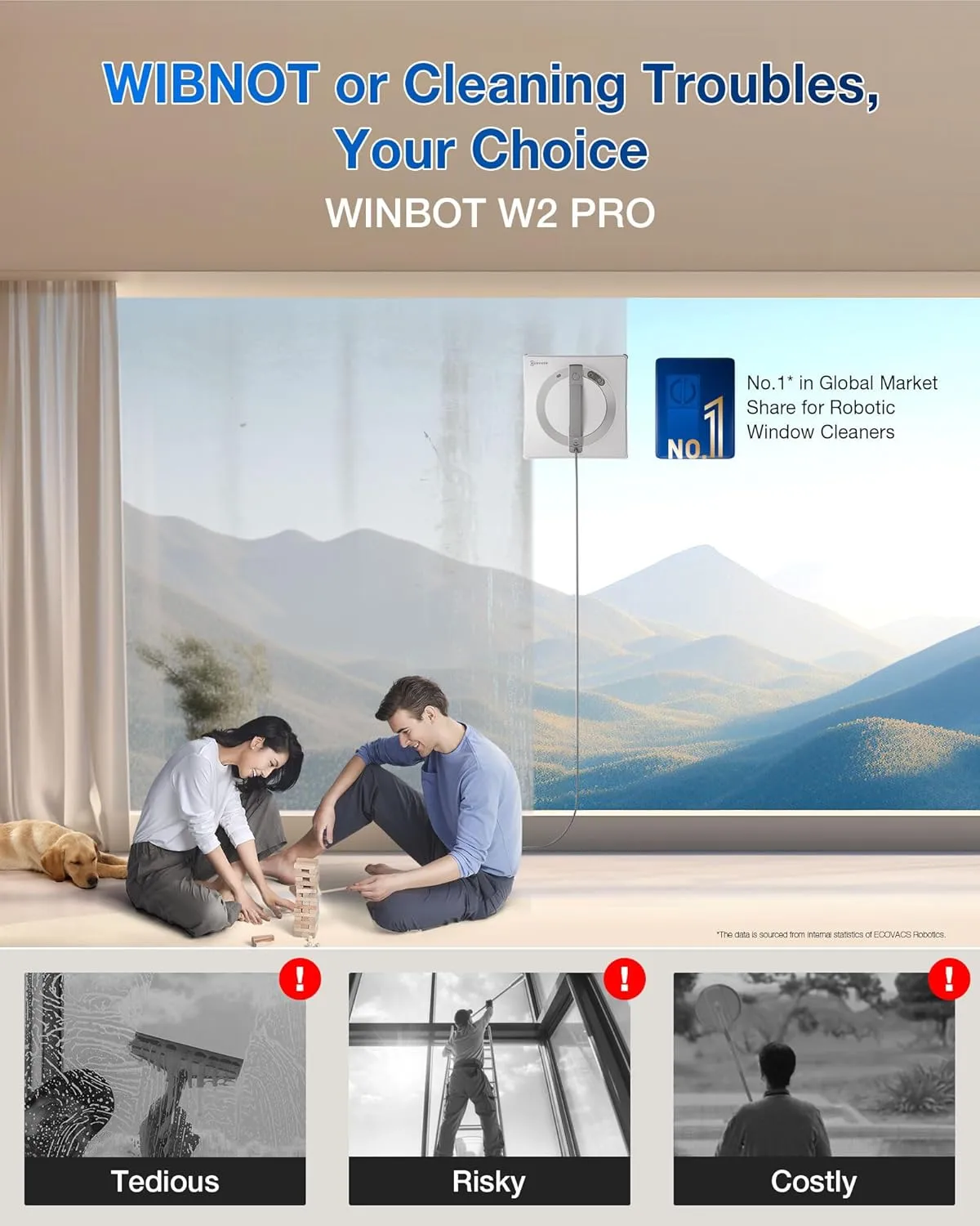 ECOVACS WINBOT W2 PRO Window Cleaning Robot, 3 Nozzles Water Sprayer, 10-Level Protection System, Win-SLAM 4.0 Path Planning, Steady-Climbing System, Edge Detection, App Control