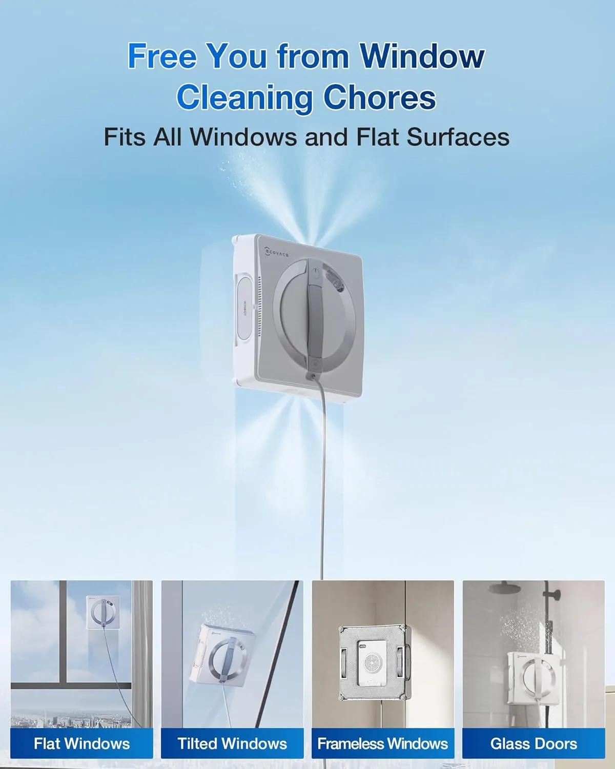 ECOVACS WINBOT W2 PRO Window Cleaning Robot, 3 Nozzles Water Sprayer, 10-Level Protection System, Win-SLAM 4.0 Path Planning, Steady-Climbing System, Edge Detection, App Control
