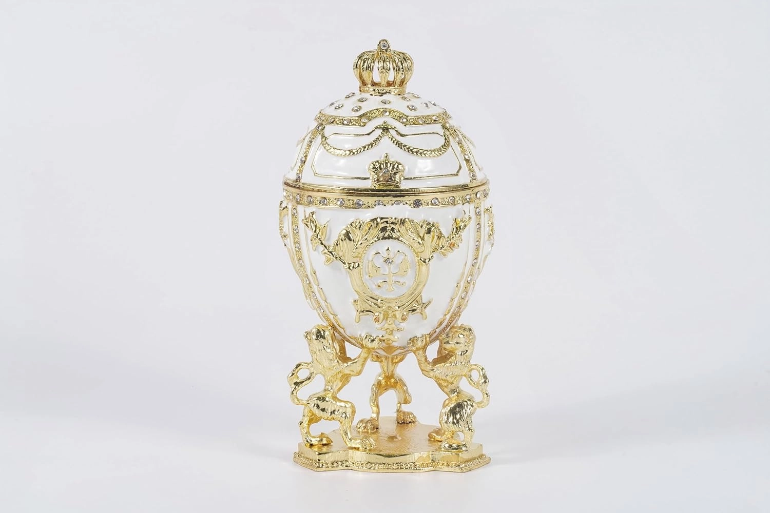 Egg Trinket Box and Blanche White Coronation Egg, Enameled Jewelry Box Unique Decorative Metal Box with Classic Ornaments Great for Home Decor