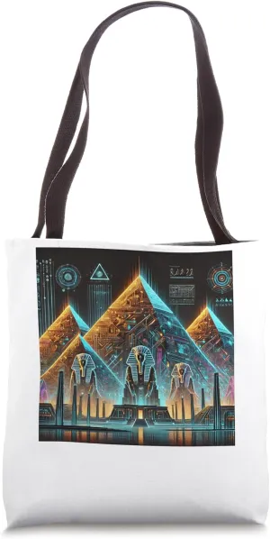 Egypt: Futuristic Egyptian City With Neon Pyramid Lights Tote Bag