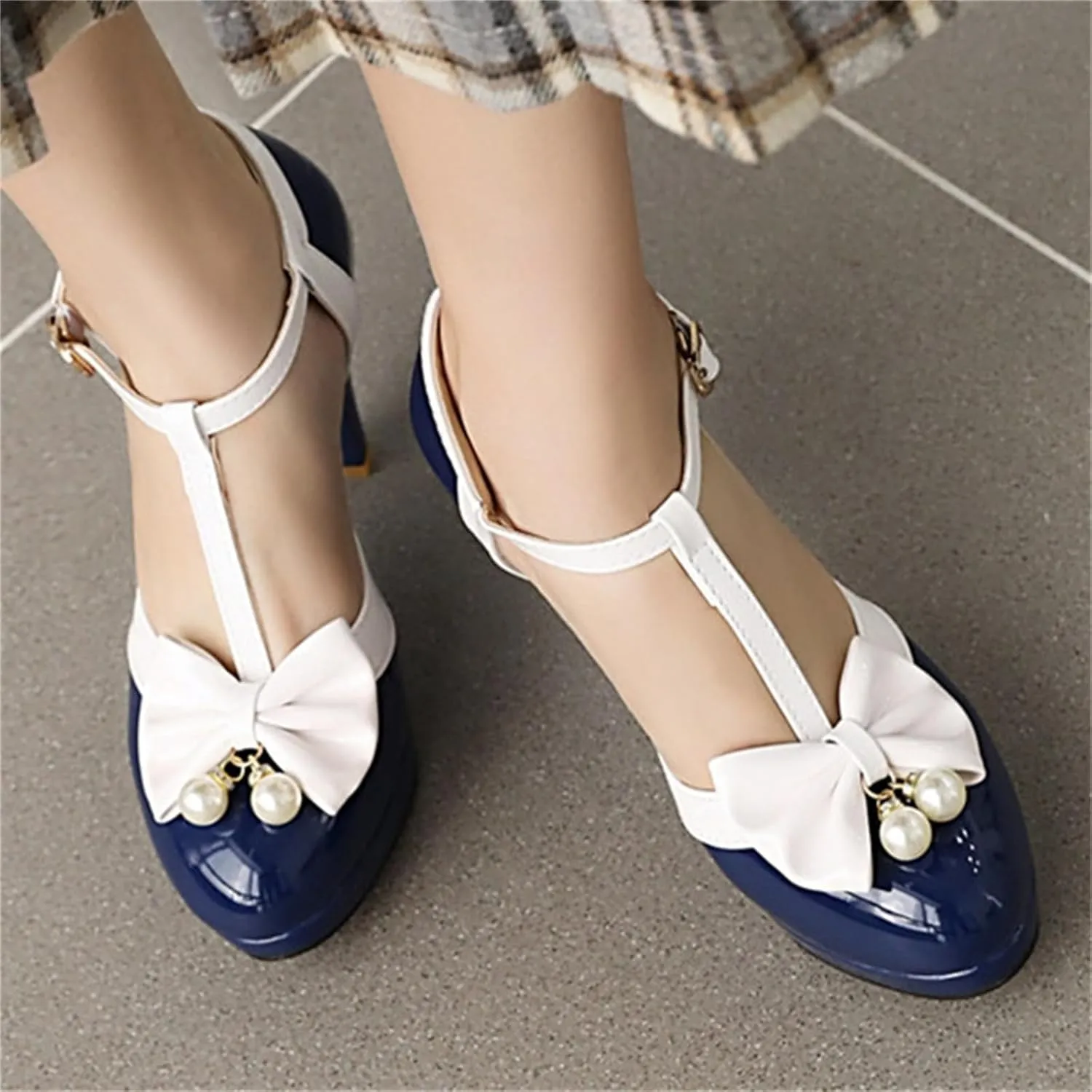 Elbslutt Women's Cute Retro Rockabilly Shoes T Strap Mary Janes Heels Chunky Cosplay Shoes Sweet Block Heeled Bow Pumps