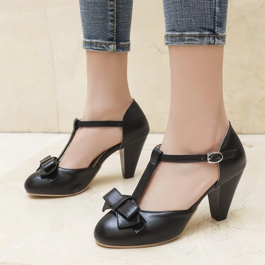 Elbslutt Women's Cute Retro Rockabilly Shoes T Strap Mary Janes Heels Chunky Cosplay Shoes Sweet Block Heeled Bow Pumps