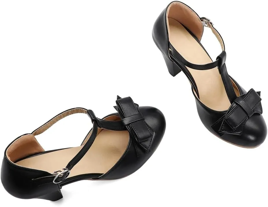Elbslutt Women's Cute Retro Rockabilly Shoes T Strap Mary Janes Heels Chunky Cosplay Shoes Sweet Block Heeled Bow Pumps