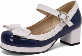 Elbslutt Women's Cute Lolita Cosplay Shoes Low Mid Chunky Heel Buckle Strap Round Toe Mary Jane Pumps Mid Block Heel Pumps with Bows Sweet Lolita Tea Party Shoes