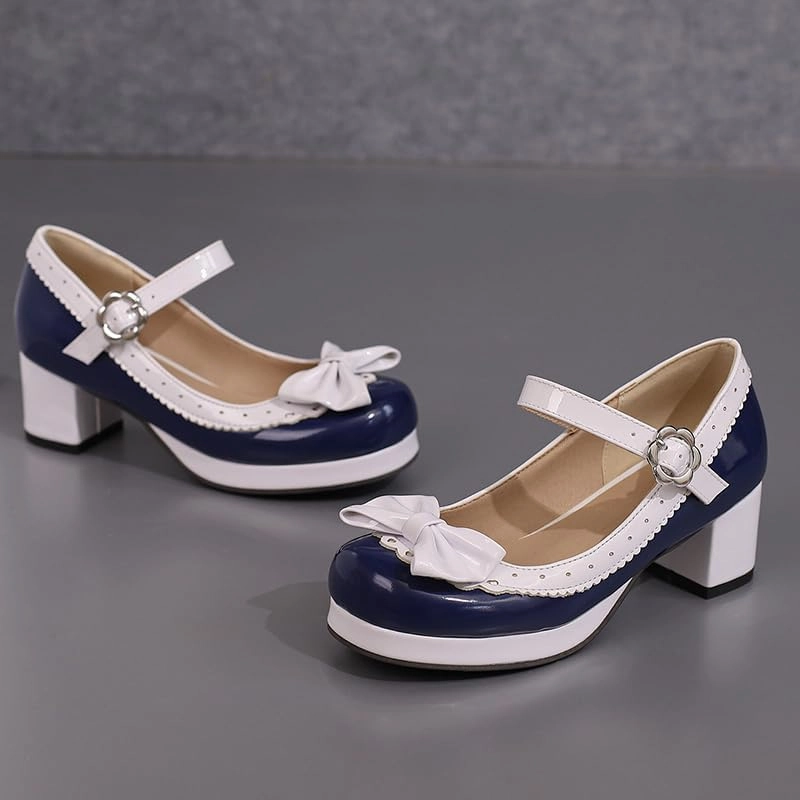 Elbslutt Women's Cute Lolita Cosplay Shoes Low Mid Chunky Heel Buckle Strap Round Toe Mary Jane Pumps Mid Block Heel Pumps with Bows Sweet Lolita Tea Party Shoes