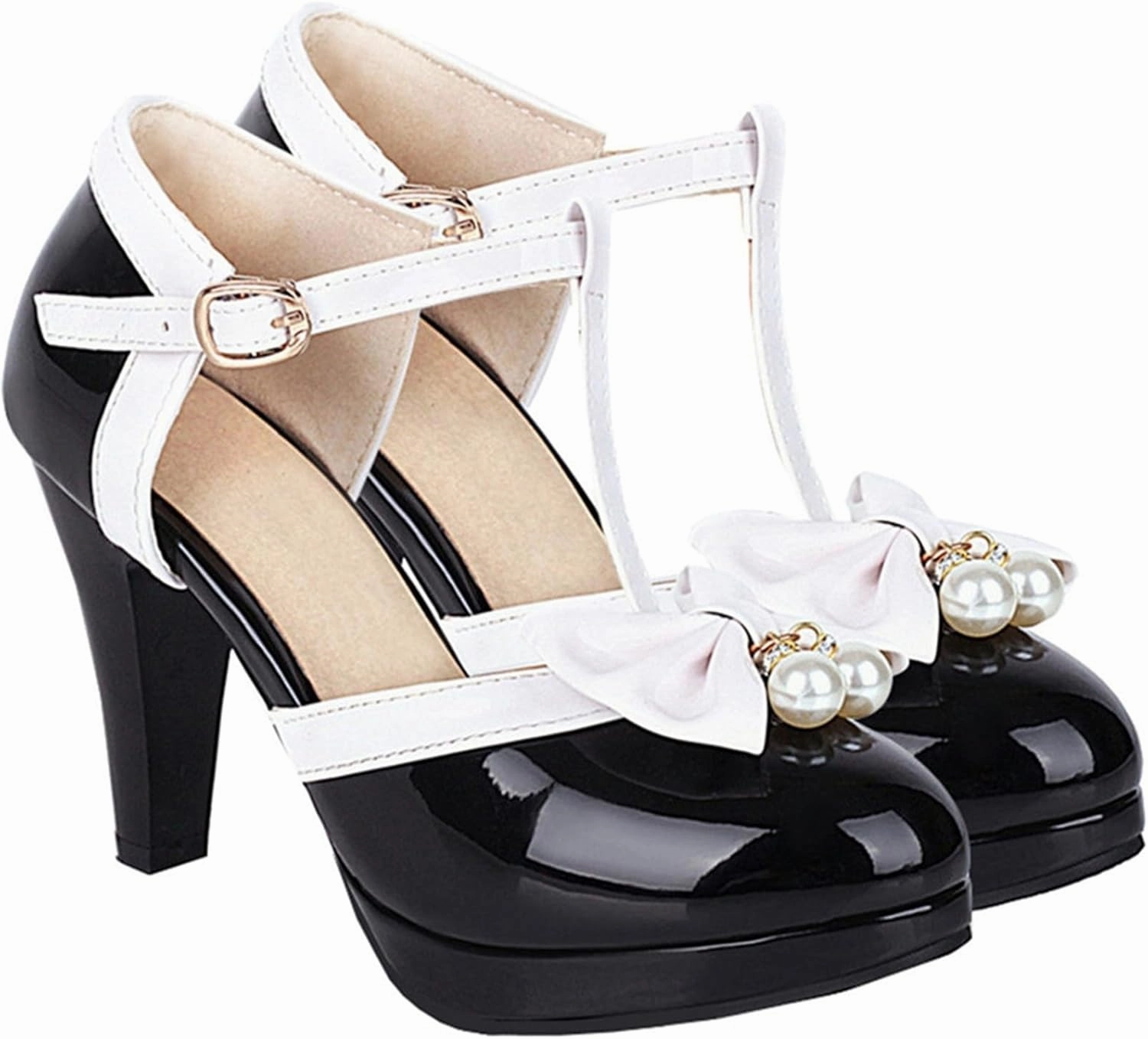 Elbslutt Women's Cute Retro Rockabilly Shoes T Strap Mary Janes Heels Chunky Cosplay Shoes Sweet Block Heeled Bow Pumps