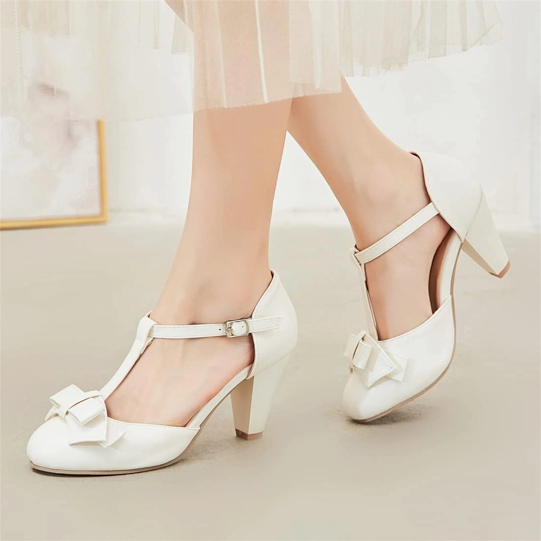 Elbslutt Women's Cute Retro Rockabilly Shoes T Strap Mary Janes Heels Chunky Cosplay Shoes Sweet Block Heeled Bow Pumps