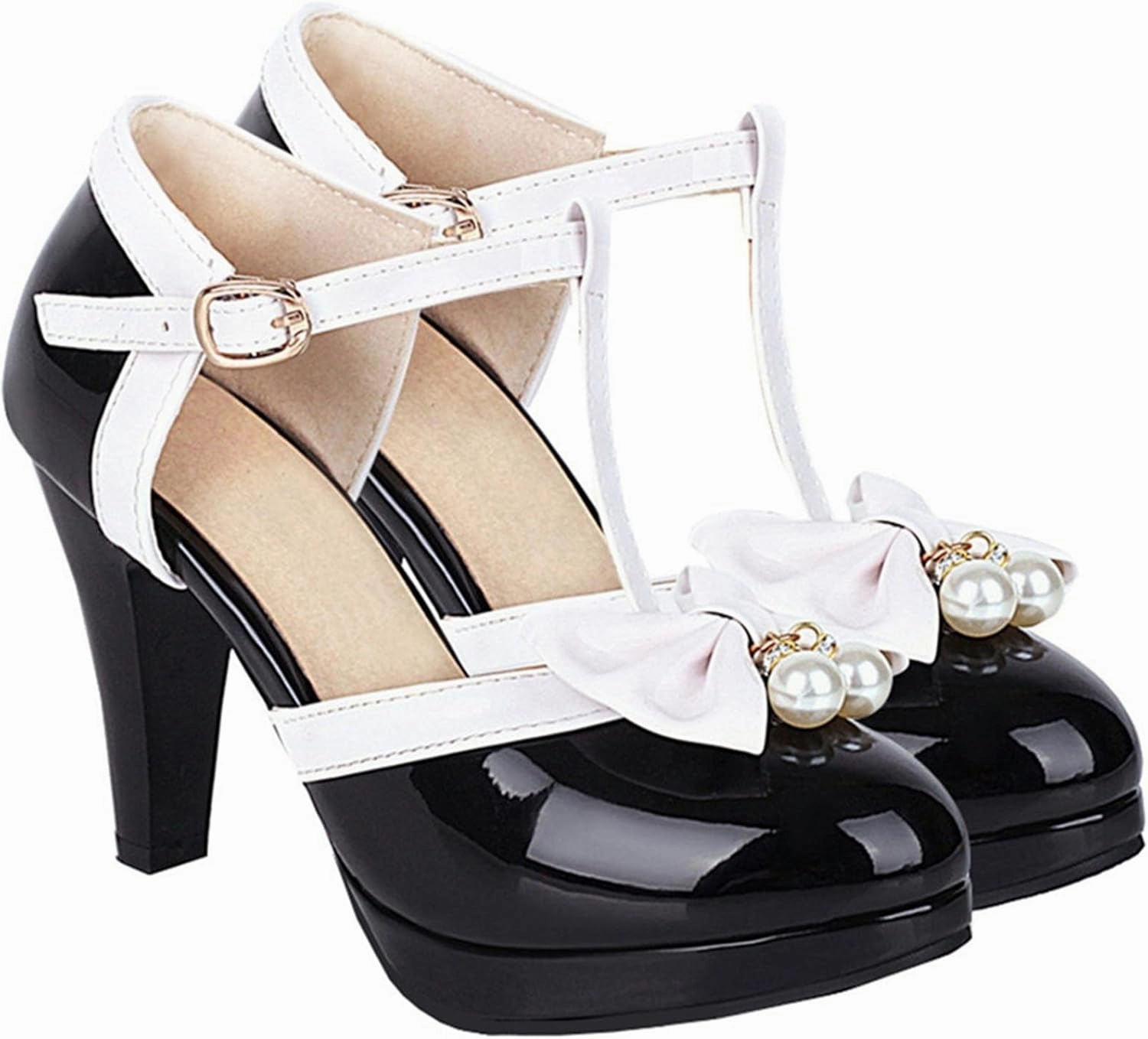 Elbslutt Women's Cute Retro Rockabilly Shoes T Strap Mary Janes Heels Chunky Cosplay Shoes Sweet Block Heeled Bow Pumps