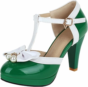 Elbslutt Women's Cute Retro Rockabilly Shoes T Strap Mary Janes Heels Chunky Cosplay Shoes Sweet Block Heeled Bow Pumps