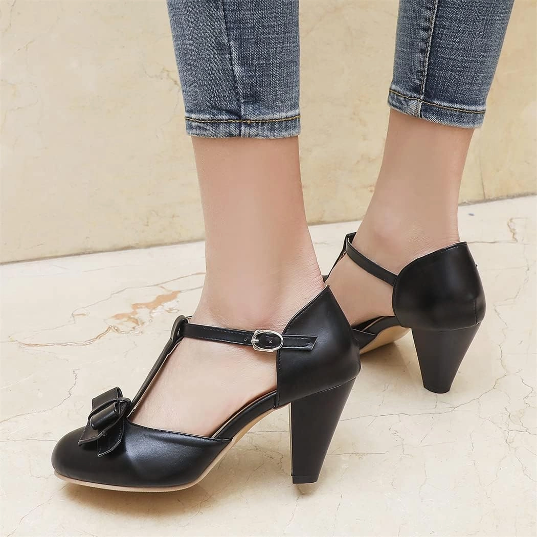 Elbslutt Women's Cute Retro Rockabilly Shoes T Strap Mary Janes Heels Chunky Cosplay Shoes Sweet Block Heeled Bow Pumps