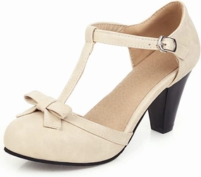 Elbslutt Women's Cute Retro Rockabilly Shoes T Strap Mary Janes Heels Chunky Cosplay Shoes Sweet Block Heeled Bow Pumps
