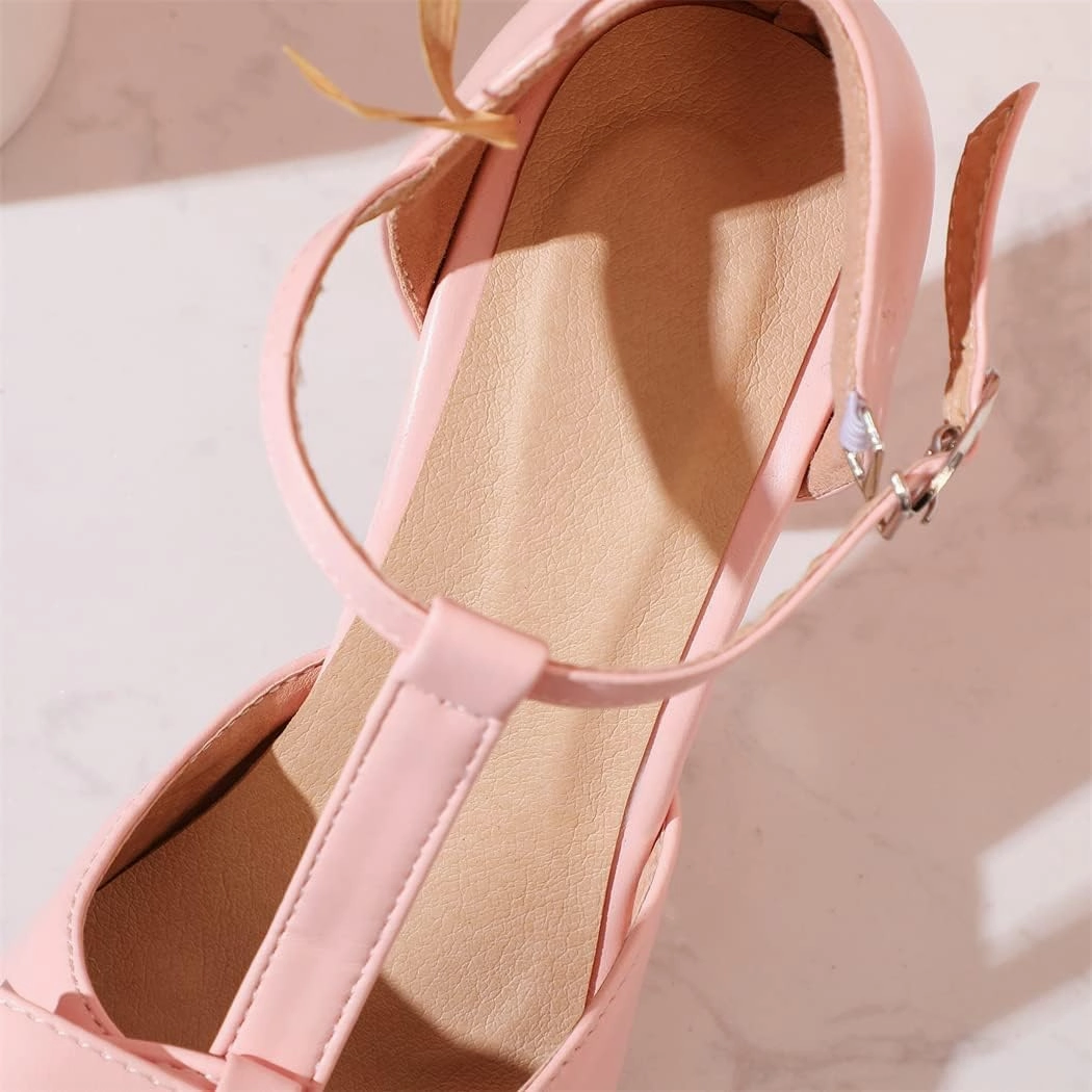 Elbslutt Women's Cute Retro Rockabilly Shoes T Strap Mary Janes Heels Chunky Cosplay Shoes Sweet Block Heeled Bow Pumps