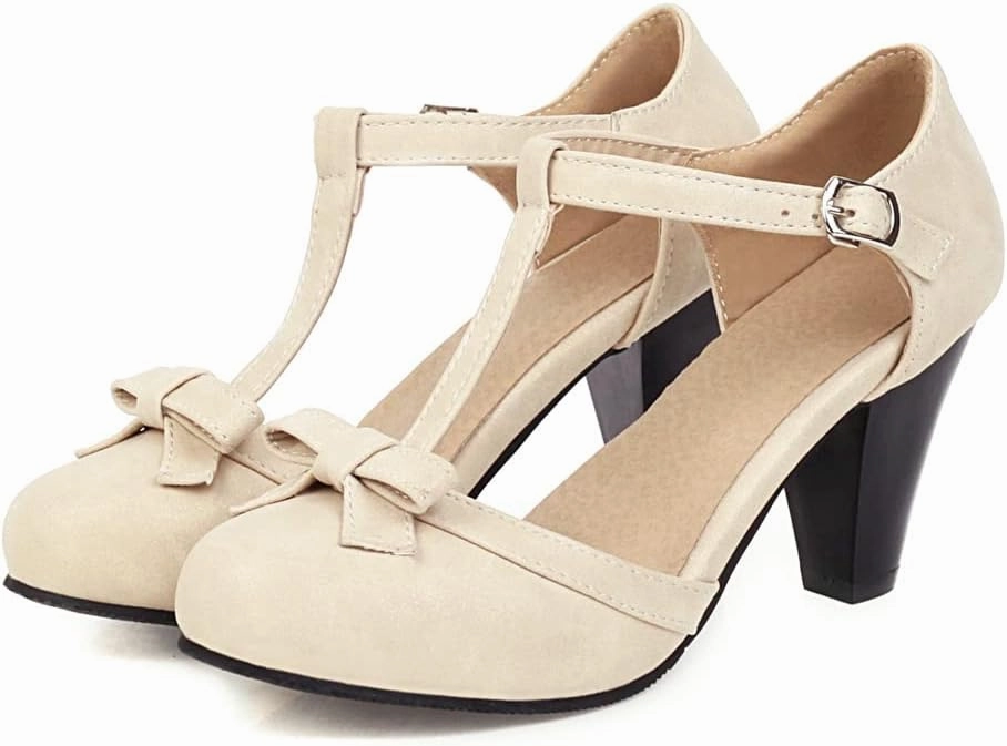 Elbslutt Women's Cute Retro Rockabilly Shoes T Strap Mary Janes Heels Chunky Cosplay Shoes Sweet Block Heeled Bow Pumps