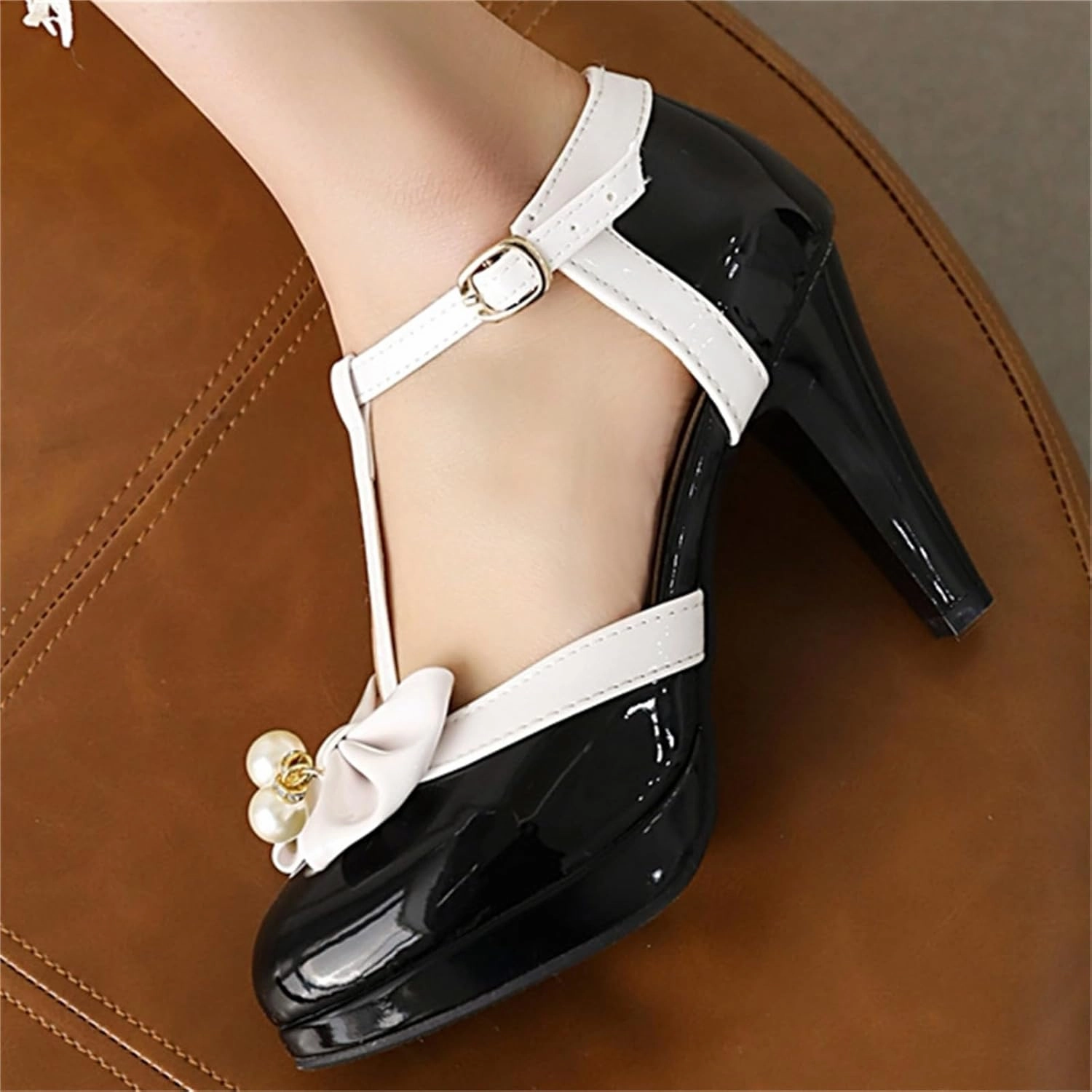 Elbslutt Women's Cute Retro Rockabilly Shoes T Strap Mary Janes Heels Chunky Cosplay Shoes Sweet Block Heeled Bow Pumps