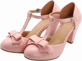 Elbslutt Women's Cute Retro Rockabilly Shoes T Strap Mary Janes Heels Chunky Cosplay Shoes Sweet Block Heeled Bow Pumps