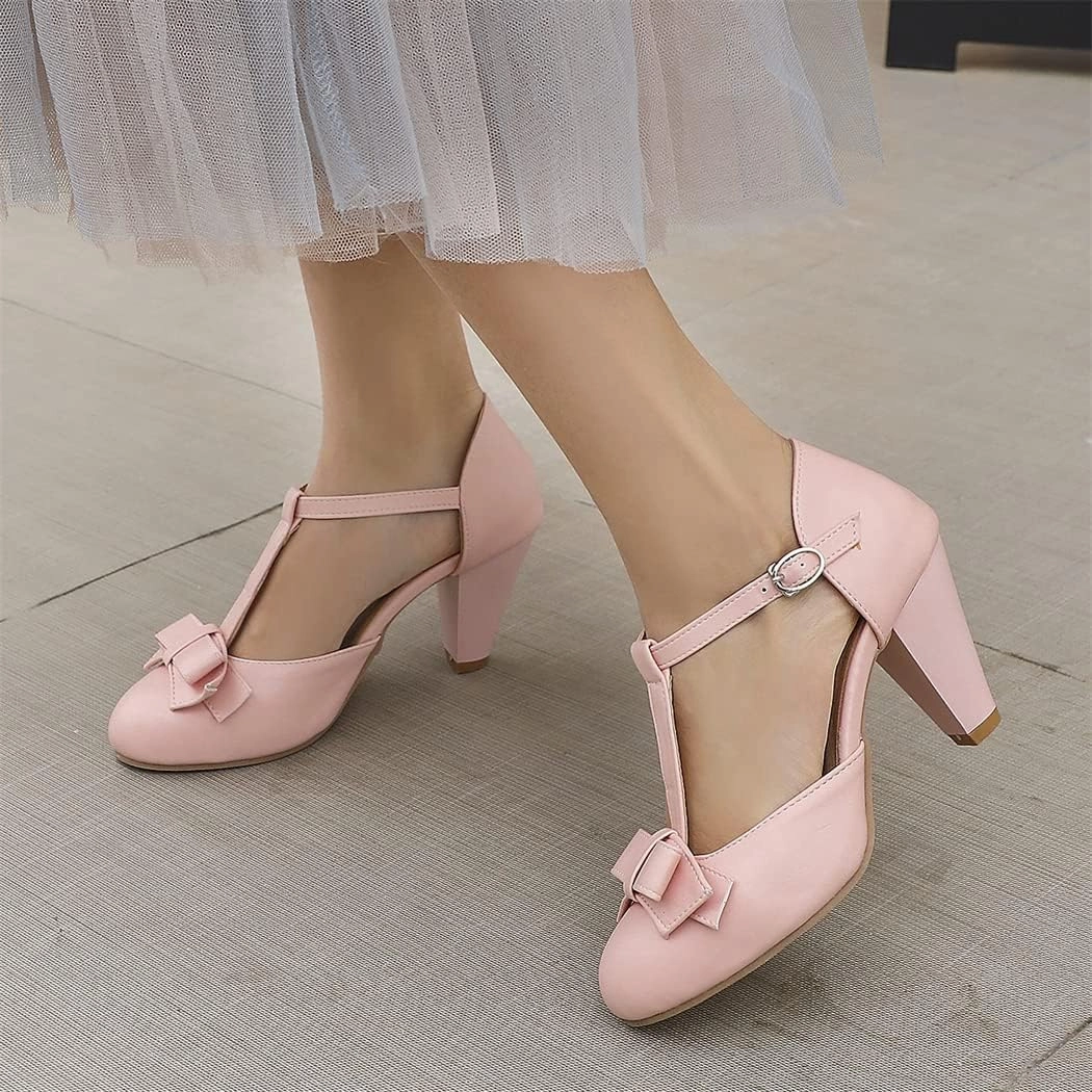 Elbslutt Women's Cute Retro Rockabilly Shoes T Strap Mary Janes Heels Chunky Cosplay Shoes Sweet Block Heeled Bow Pumps