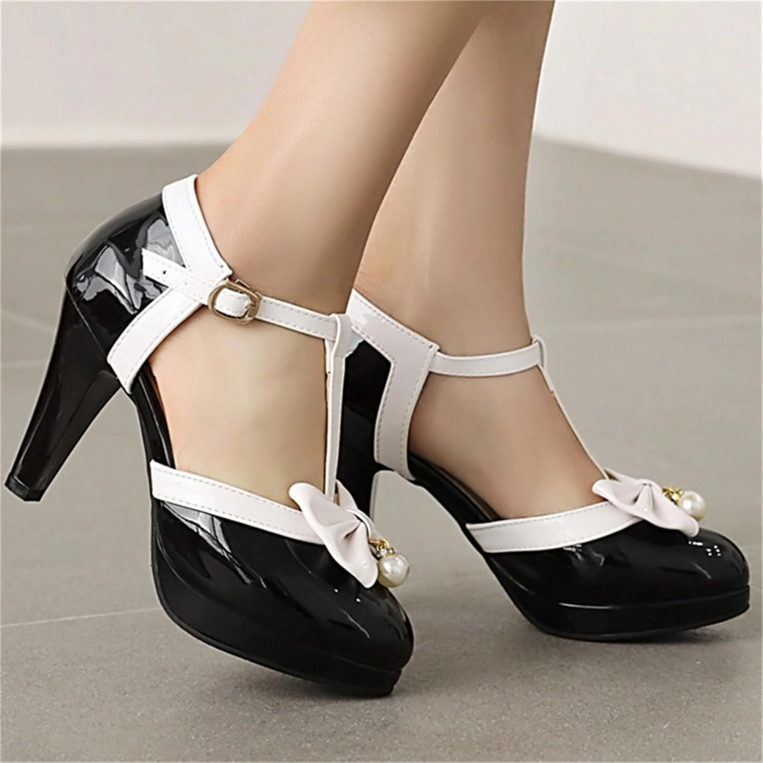 Elbslutt Women's Cute Retro Rockabilly Shoes T Strap Mary Janes Heels Chunky Cosplay Shoes Sweet Block Heeled Bow Pumps