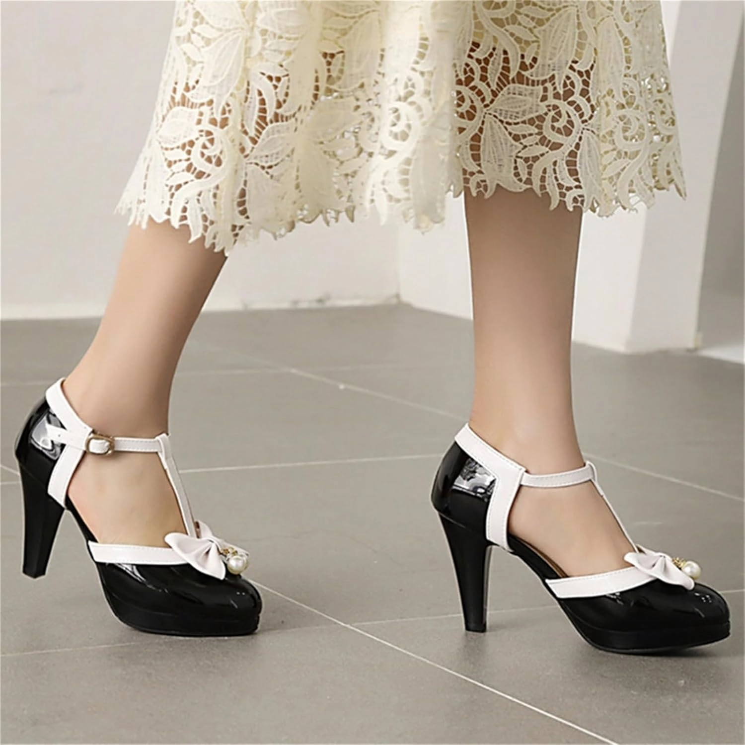 Elbslutt Women's Cute Retro Rockabilly Shoes T Strap Mary Janes Heels Chunky Cosplay Shoes Sweet Block Heeled Bow Pumps