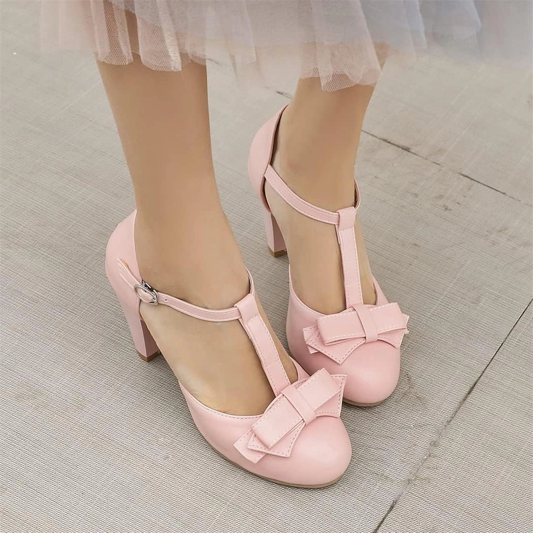 Elbslutt Women's Cute Retro Rockabilly Shoes T Strap Mary Janes Heels Chunky Cosplay Shoes Sweet Block Heeled Bow Pumps