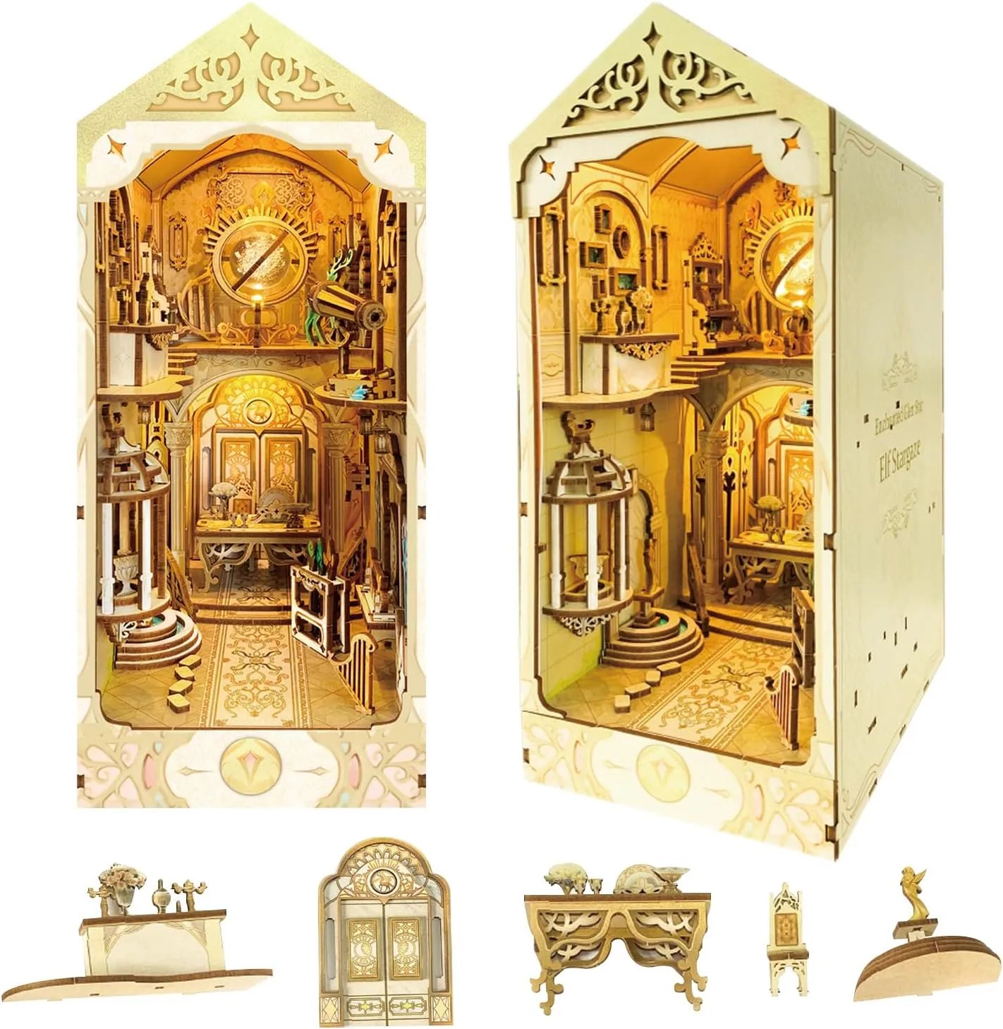 Elf Stargaze Book Nook Kit, DIY Miniature Dollhouse Booknook Kit, 3D Wooden Puzzle Bookend Insert a Fantasy Escape for Bookshelf with LED Light for Teens and Adults
